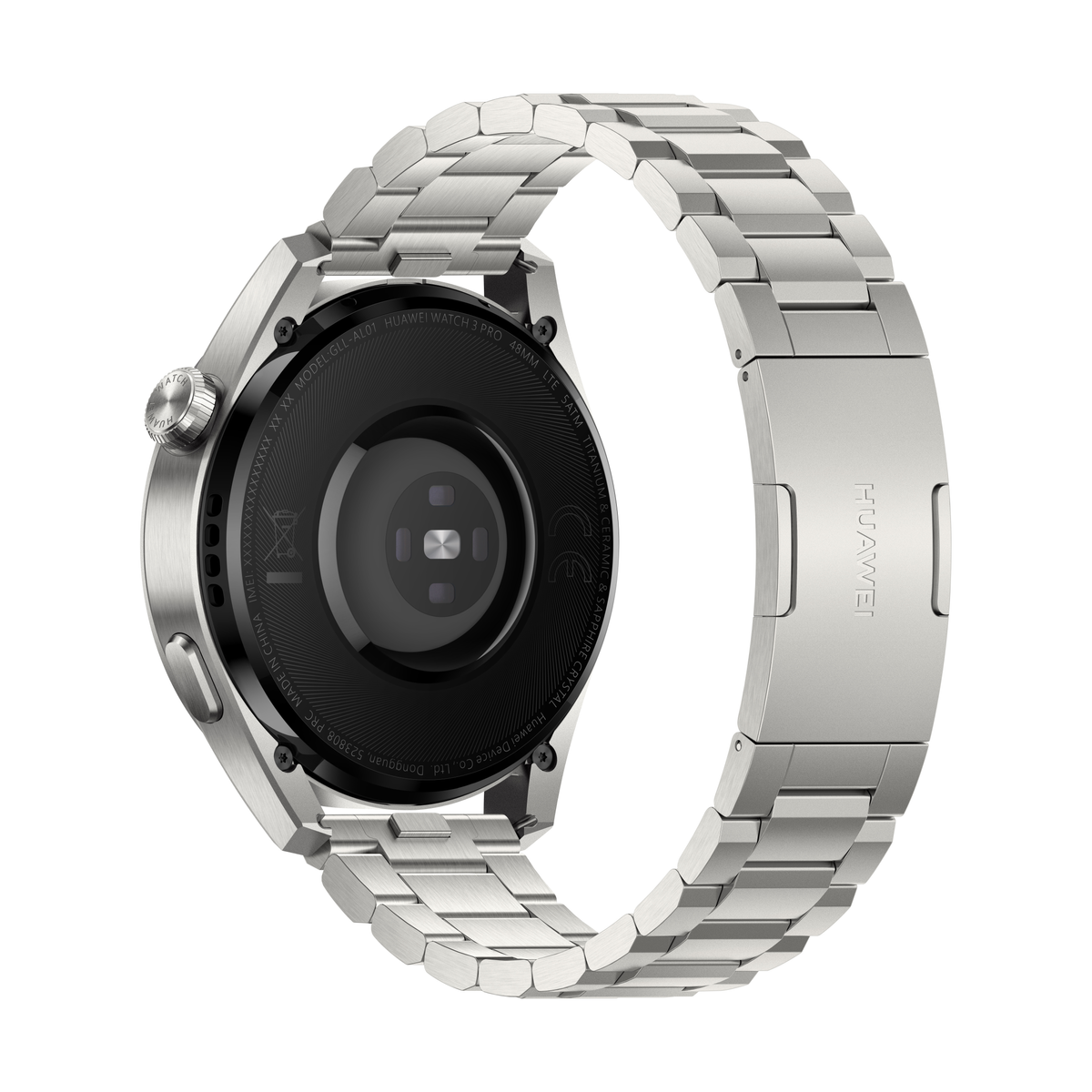 Smartwatch argentato con cinturino in metallo. Il retro mostra i sensori. Sfondo bianco.