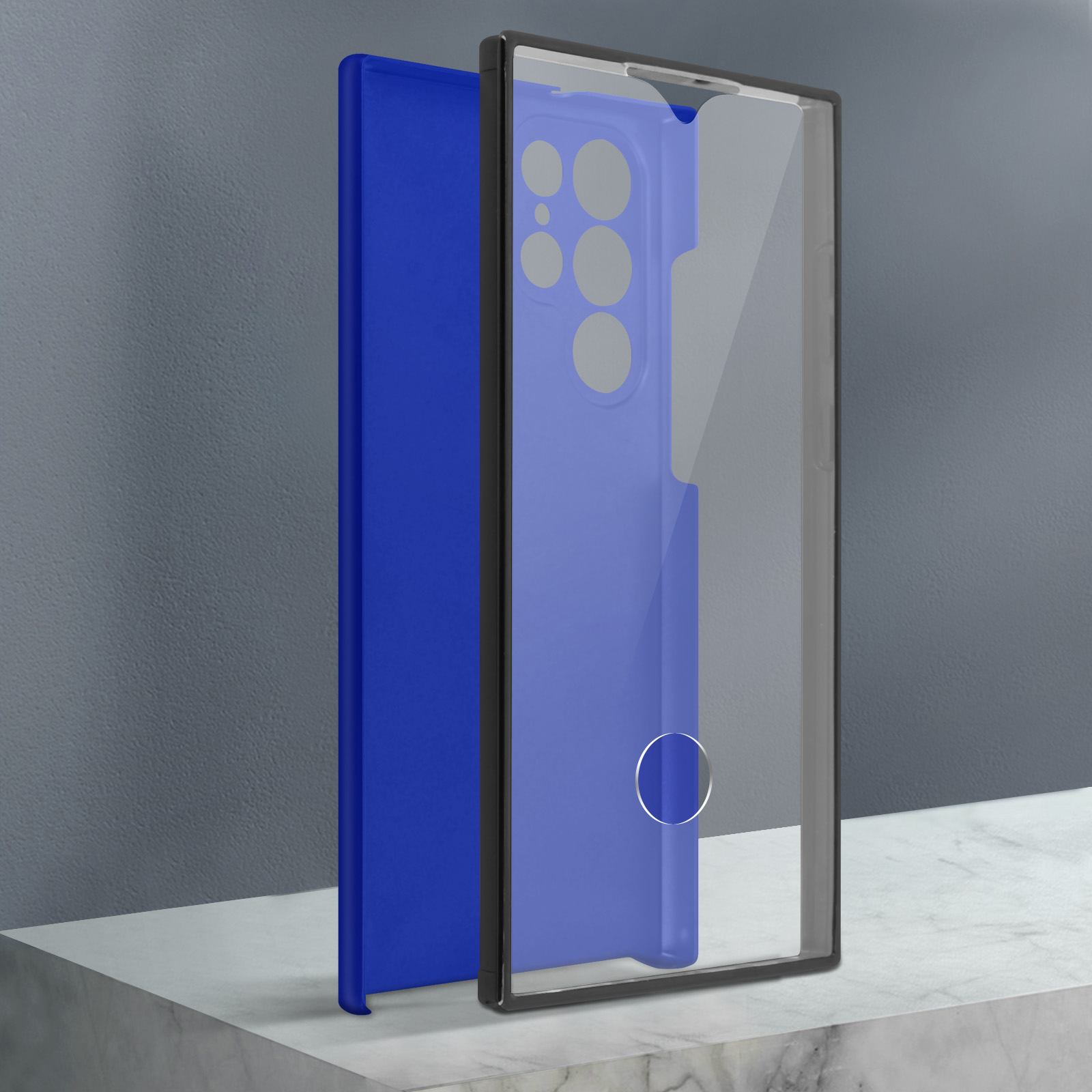 Coque bleue dans une coque transparente, avec un fond gris.
