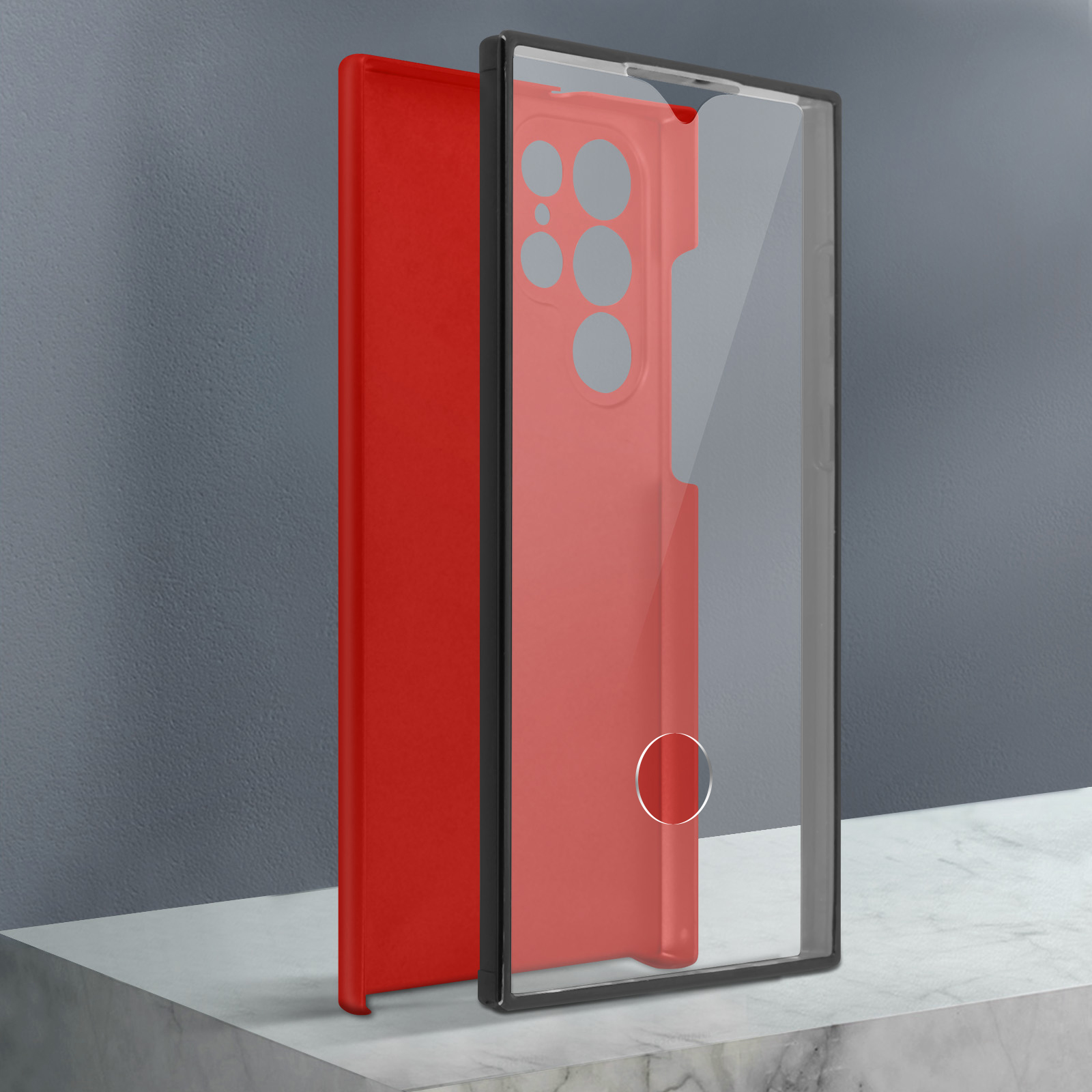 Coque de téléphone rouge et protection transparente, avec cadre noir, sur surface blanche.