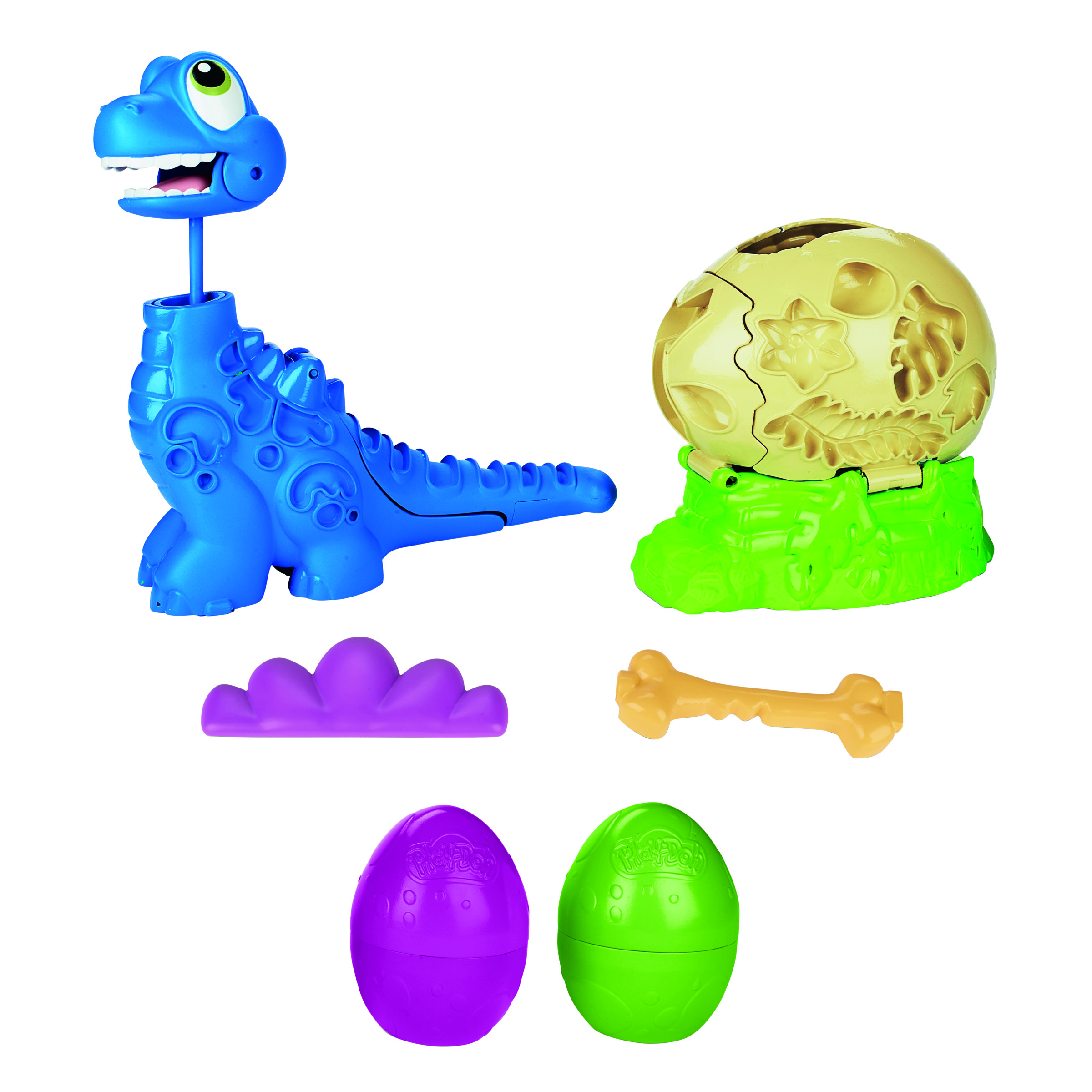 Juguete de dinosaurio azul, cáscara de huevo beige, huevos Play-Doh y accesorios.