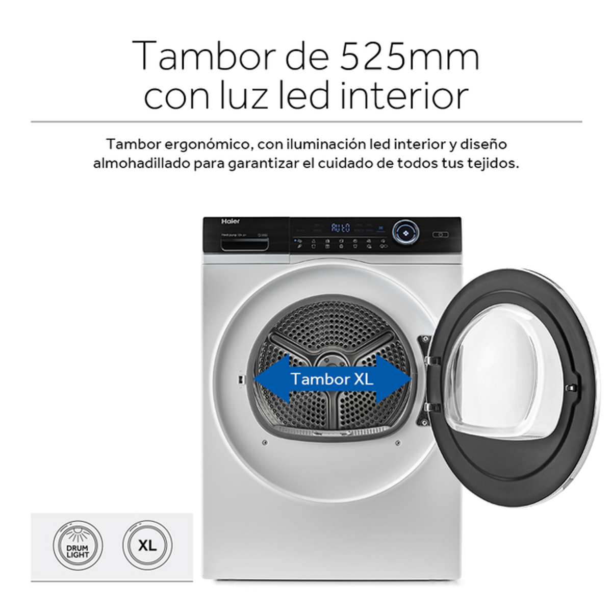Lavadora con puerta abierta. Texto: Tambor de 525mm. Flechas muestran Drum XL. Blanco.
