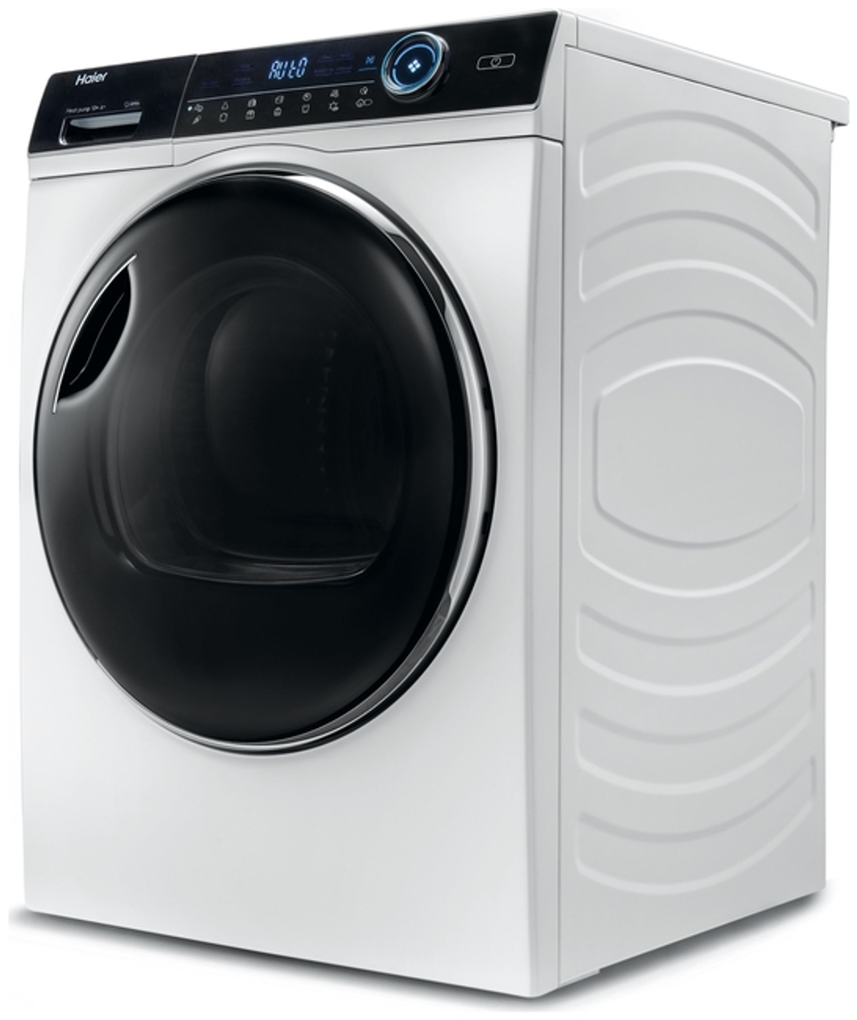 Secadora Haier blanca con puerta negra. La secadora es un modelo moderno, con pantalla digital en la parte superior.