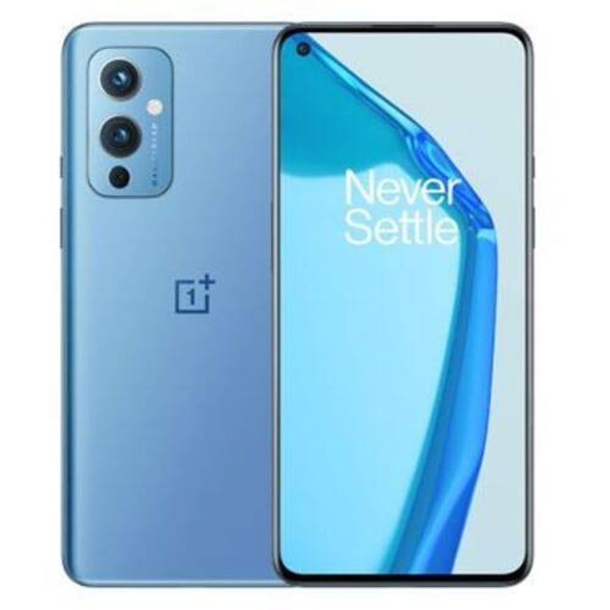 Blaues Smartphone mit Dual-Kameras und den Worten "Never Settle" auf dem Bildschirm.