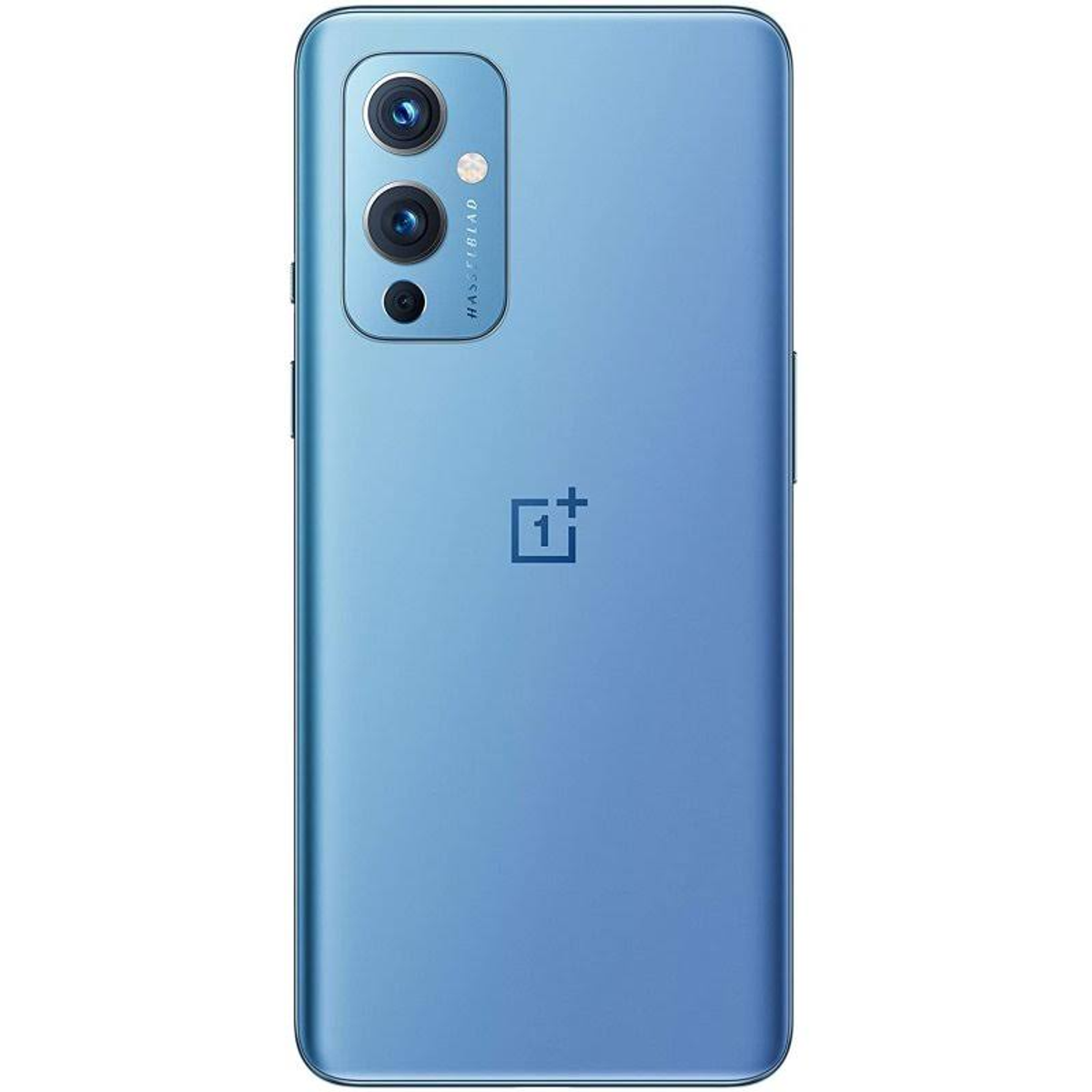 Blaues Smartphone, Rückansicht, mit Kameras und Logo. Weißer Hintergrund.