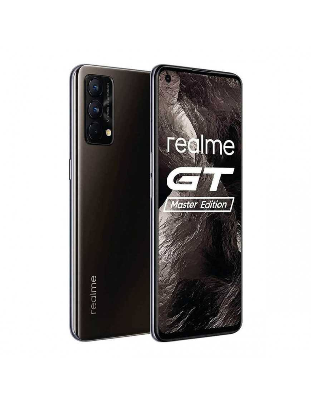 Czarny telefon, dwa widoki. Realme GT Master Edition na ekranie. Białe tło.