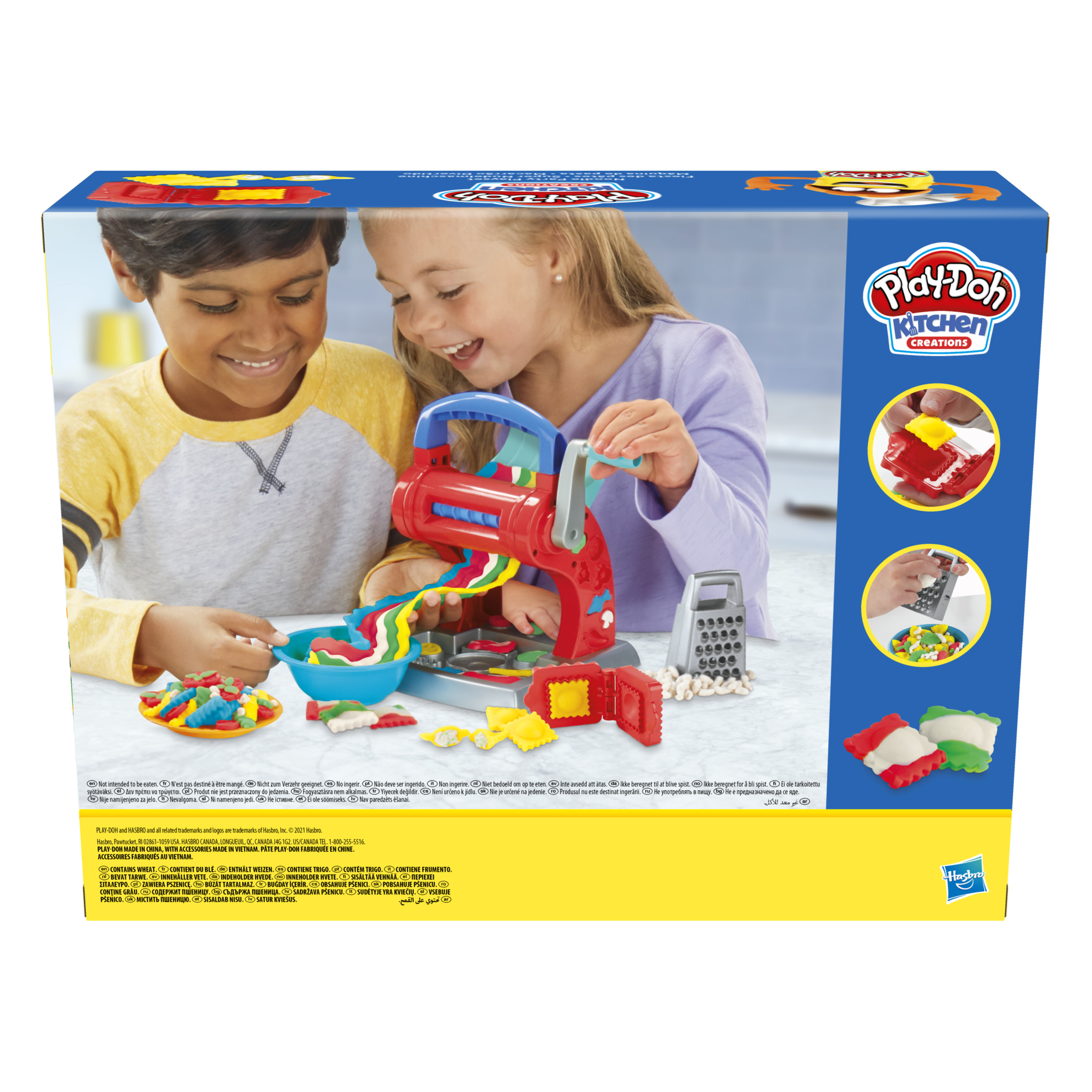 Caja de Play-Doh Kitchen Creations. Dos niños juegan con la masa colorida.