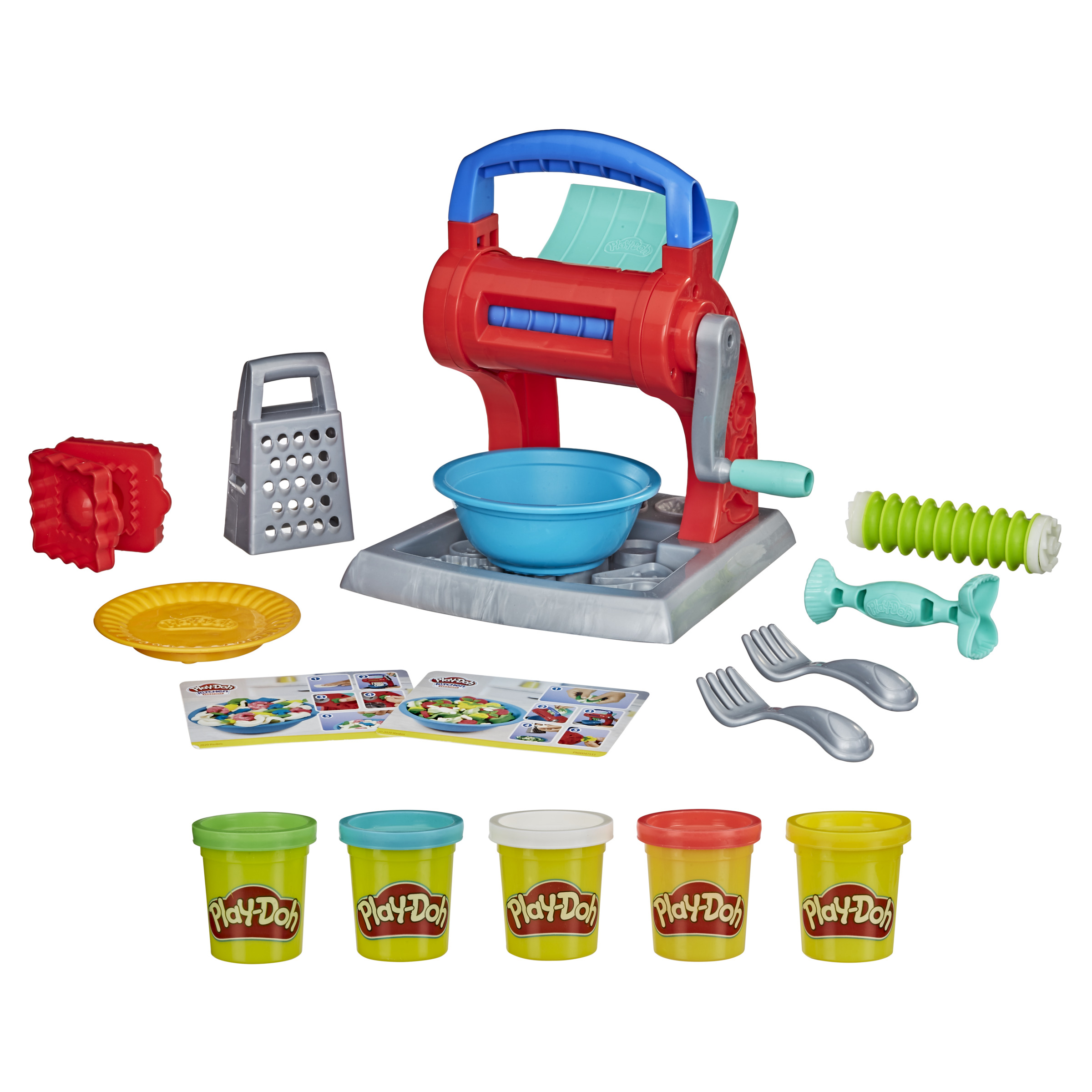 Set de Play-Doh. Incluye plastilina, herramientas como rallador, platos y una máquina de pasta.