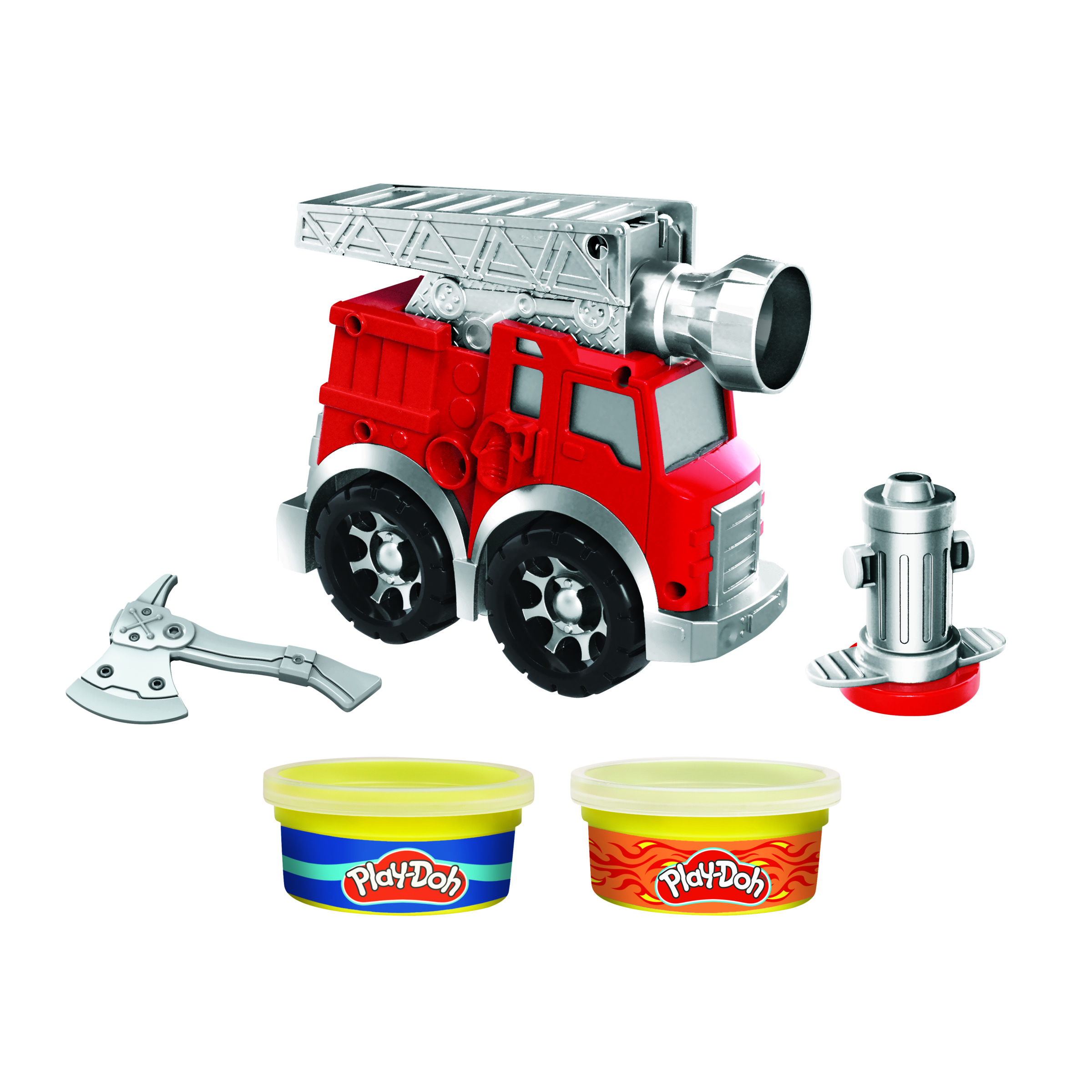 Ein rotes Feuerwehrautospielzeug mit Leiter, Axt, Play-Doh und einem Hydranten.