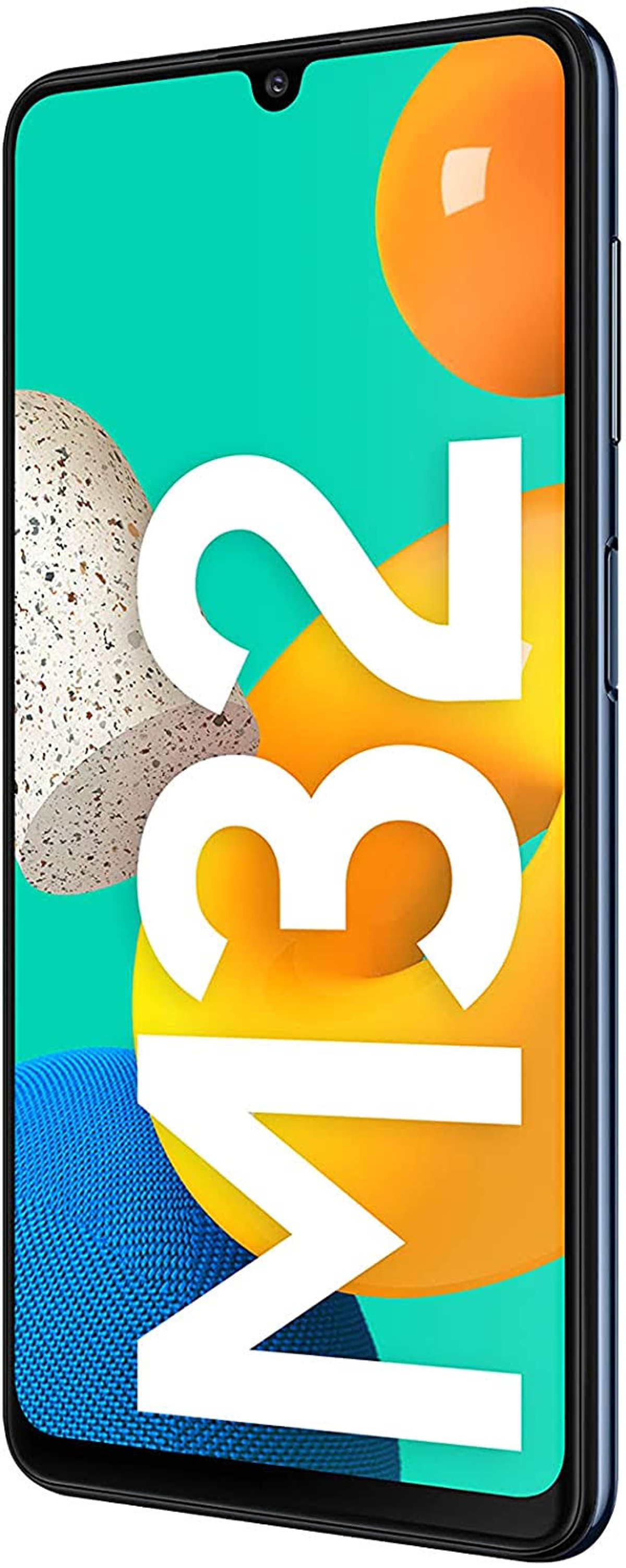 Ein blaues Telefon mit einem Bildschirm, der große weiße M32-Text und bunte Formen zeigt.