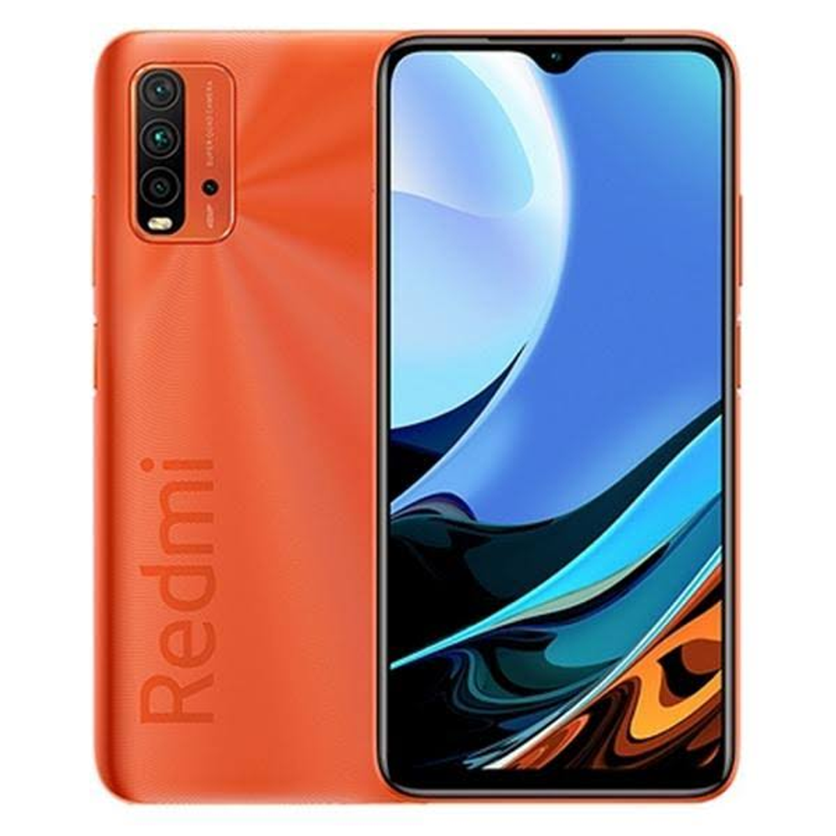 Teléfono inteligente Redmi naranja. Tiene tres cámaras y una pantalla negra. El fondo es blanco.
