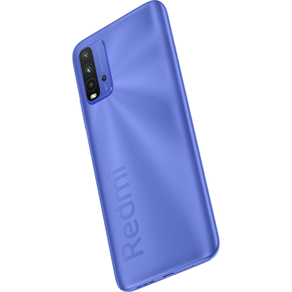 Teléfono Redmi azul, vista trasera. Cámaras triples y logotipo Redmi visibles. Fondo blanco.