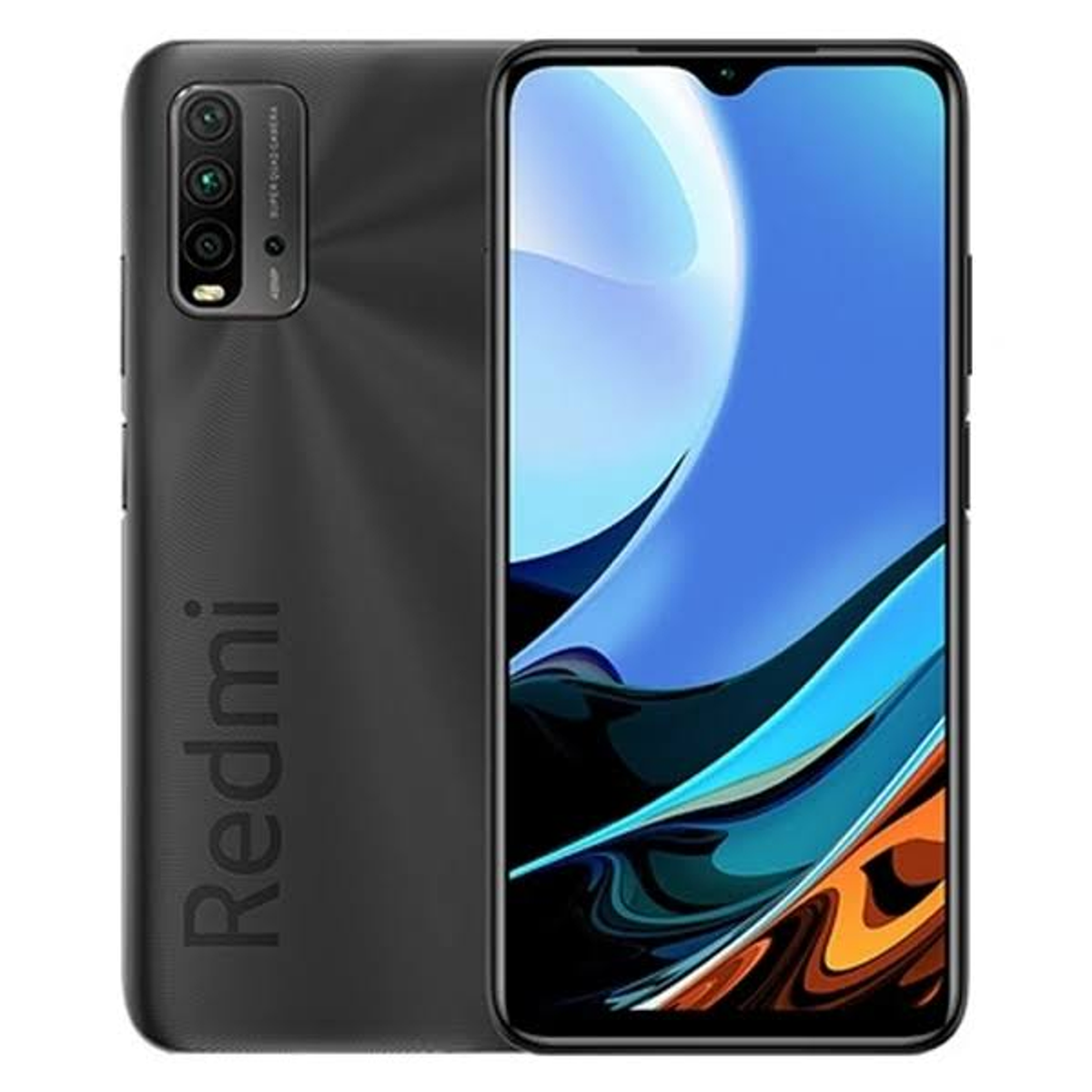 Smartphone negro, vista trasera y frontal, con logo Redmi.