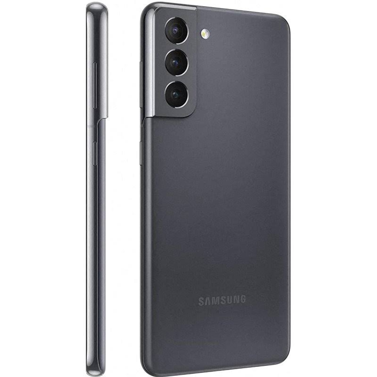 Zbliżenie szarego telefonu Samsung. Z tyłu trzy aparaty i lampa błyskowa.