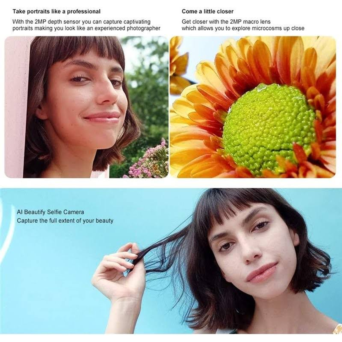 Eine Frau mit kurzem Haar lächelt, und eine Nahaufnahme einer orangefarbenen Blume.