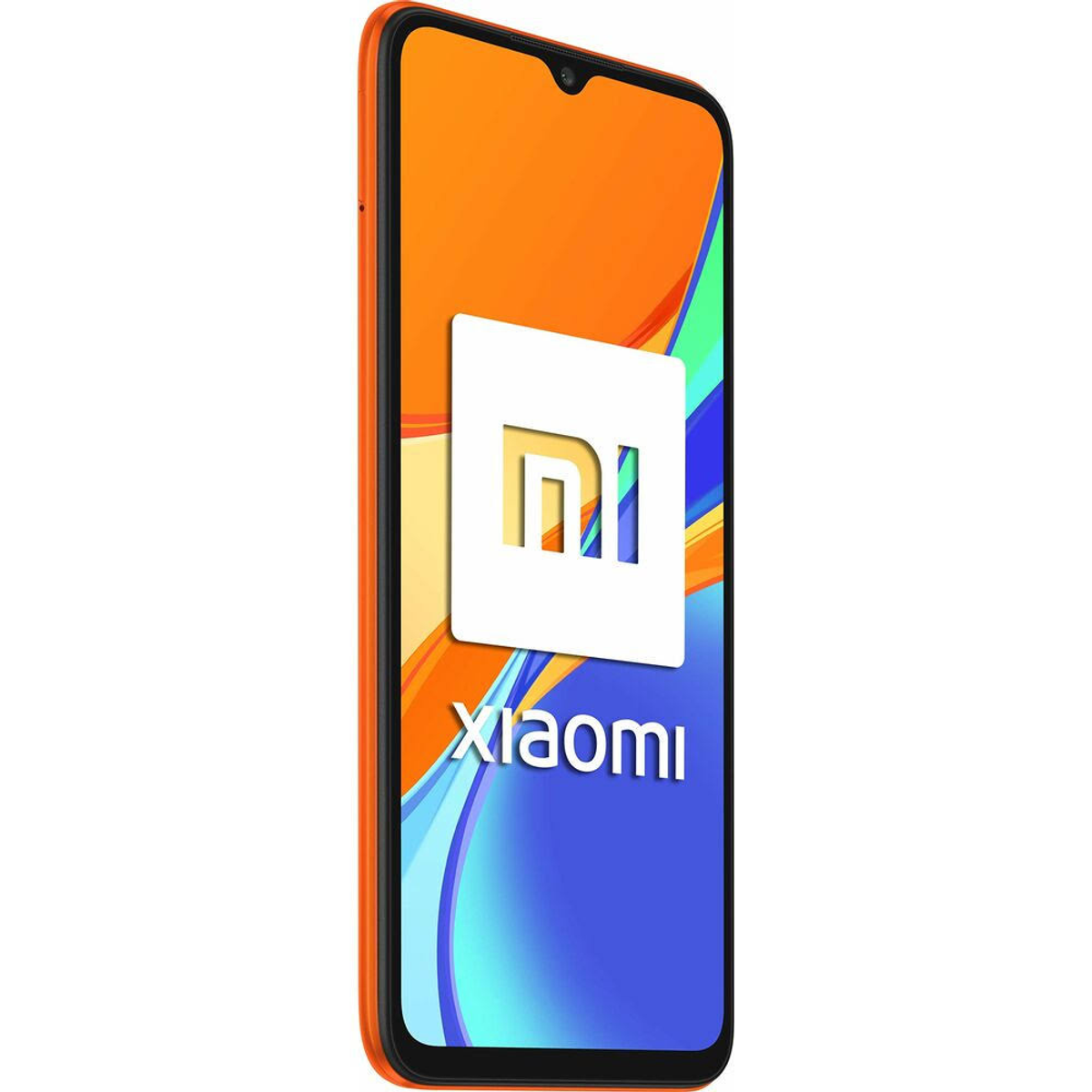 Oranges Xiaomi-Telefon mit weißem Logo auf dem Bildschirm. Der Hintergrund ist weiß.