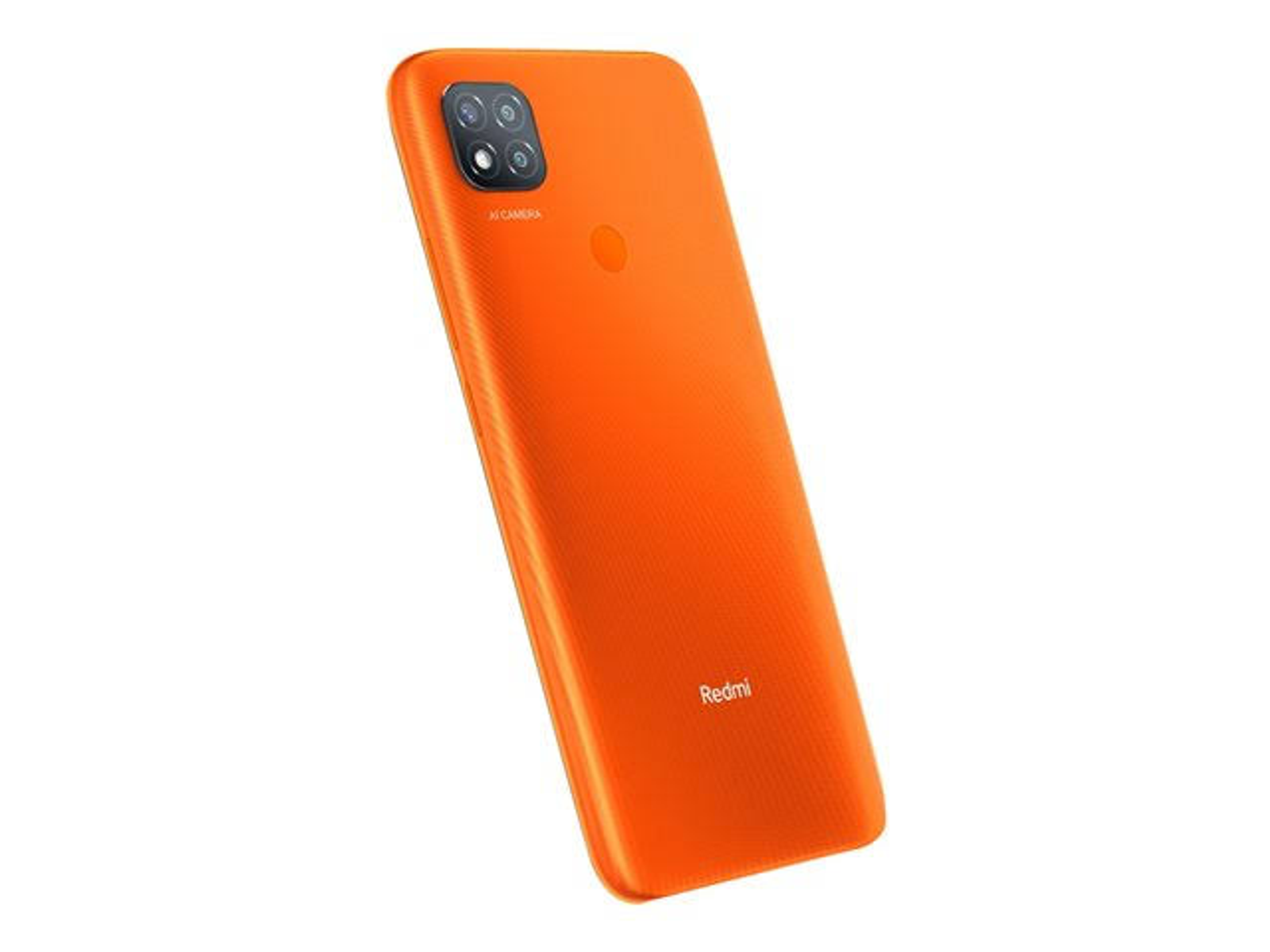 Rückseite eines orangefarbenen Telefons mit Kamerasatz und Redmi-Logo. Weißer Hintergrund.