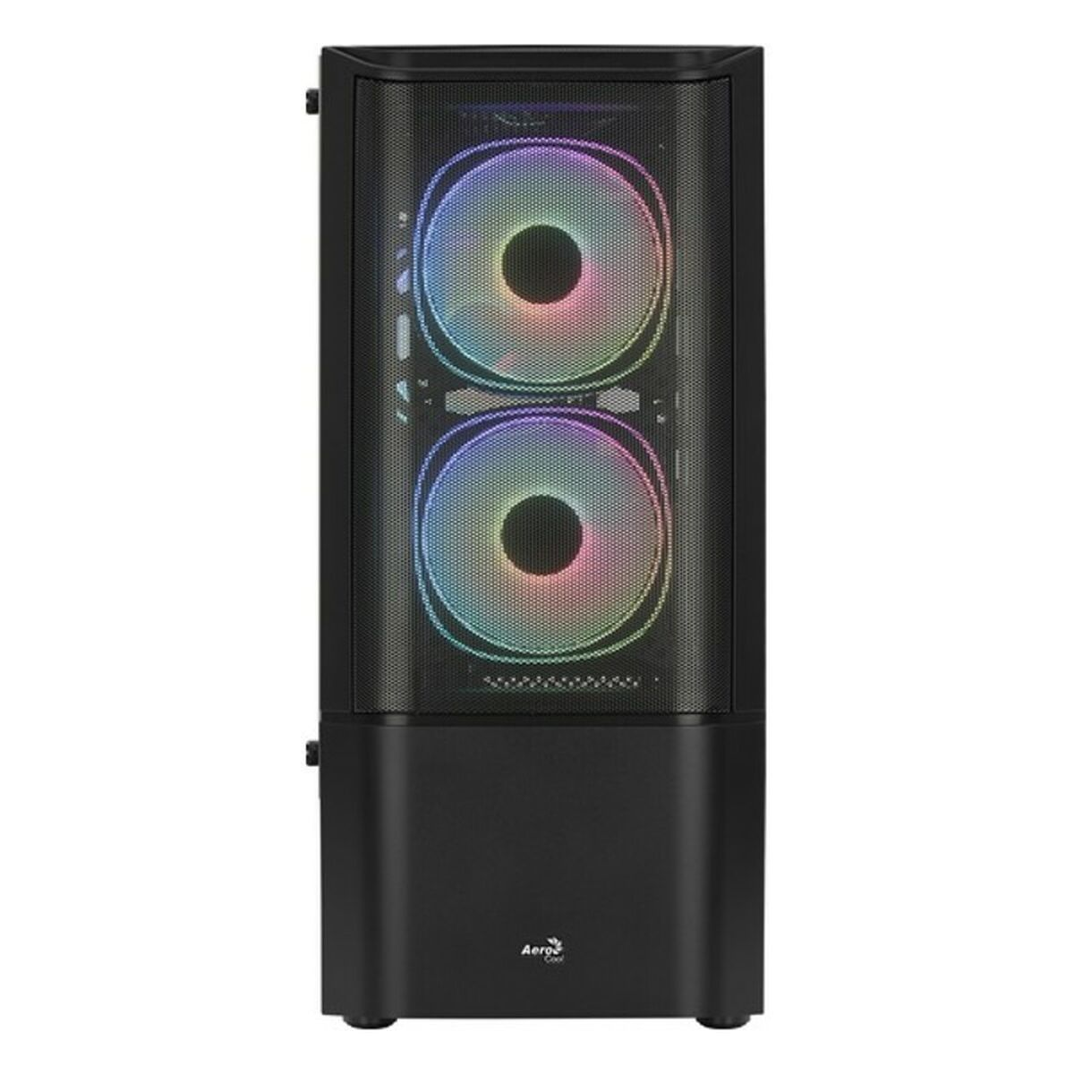 Zwarte computerkast met twee regenboogventilatoren en een gaas voorpaneel.
