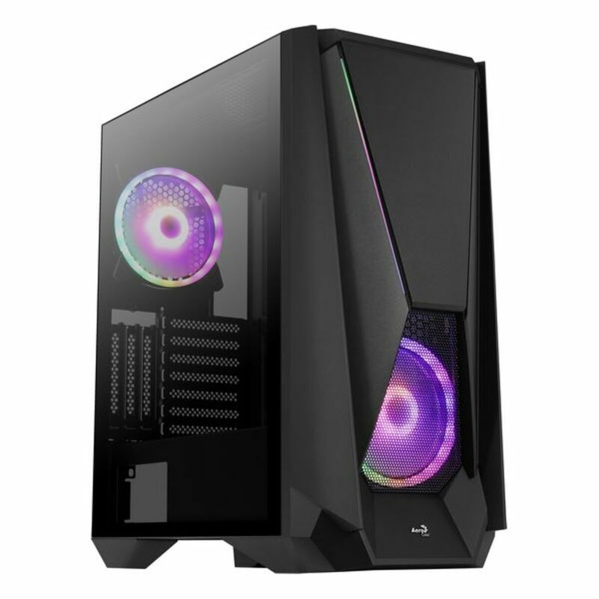 Boîtier PC gaming noir, panneau latéral transparent, lumières RGB.