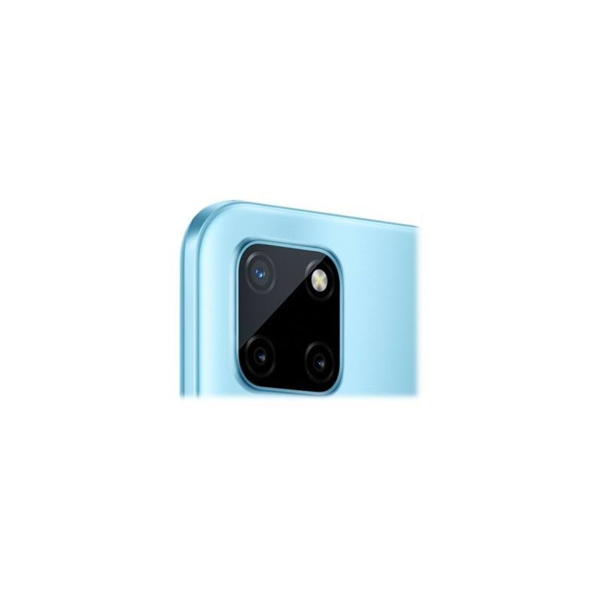 Nahaufnahme des Kameramoduls eines blauen Telefons mit drei Linsen.