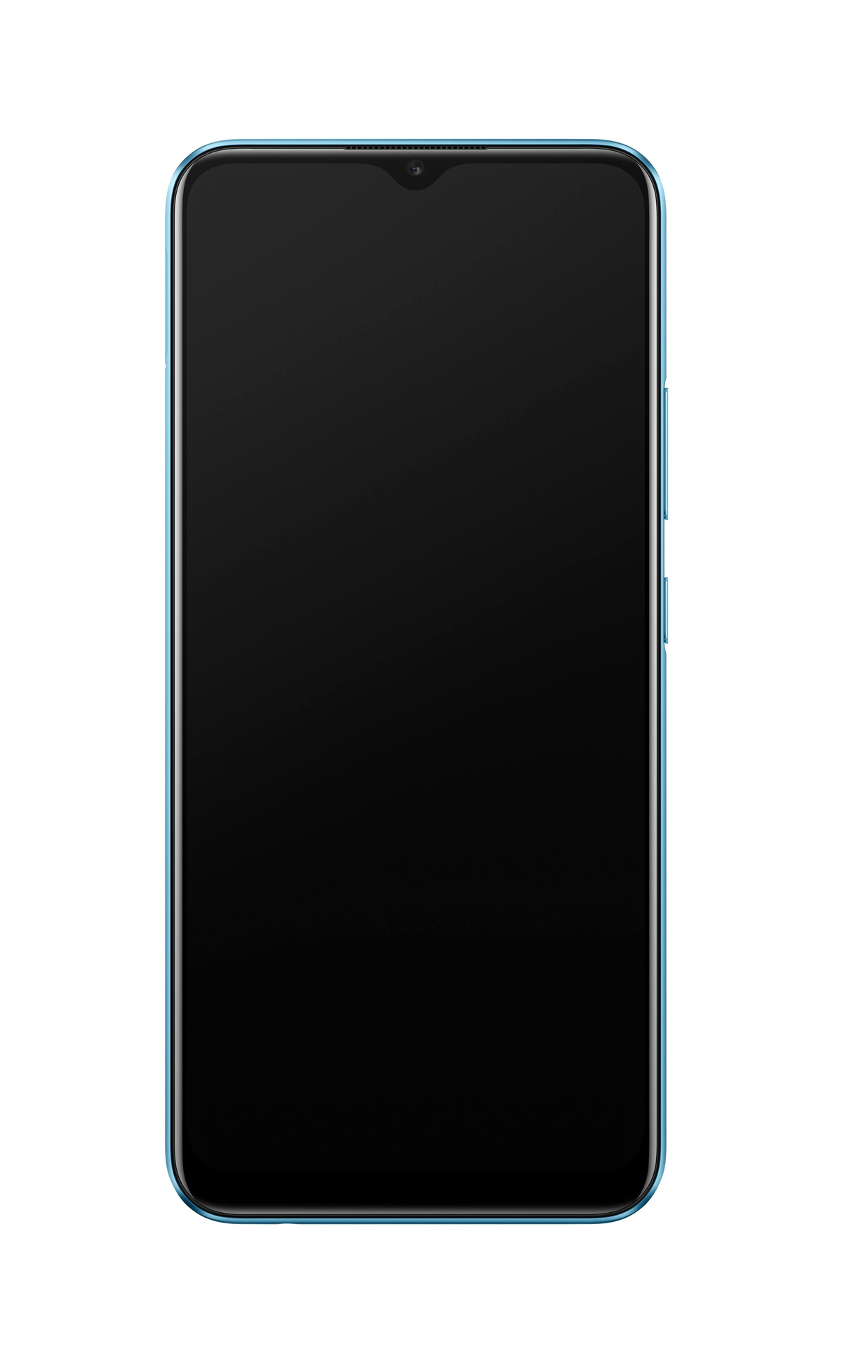 Blaues Telefon mit schwarzem Bildschirm. Es hat eine Frontkamera und einen dünnen Rahmen.