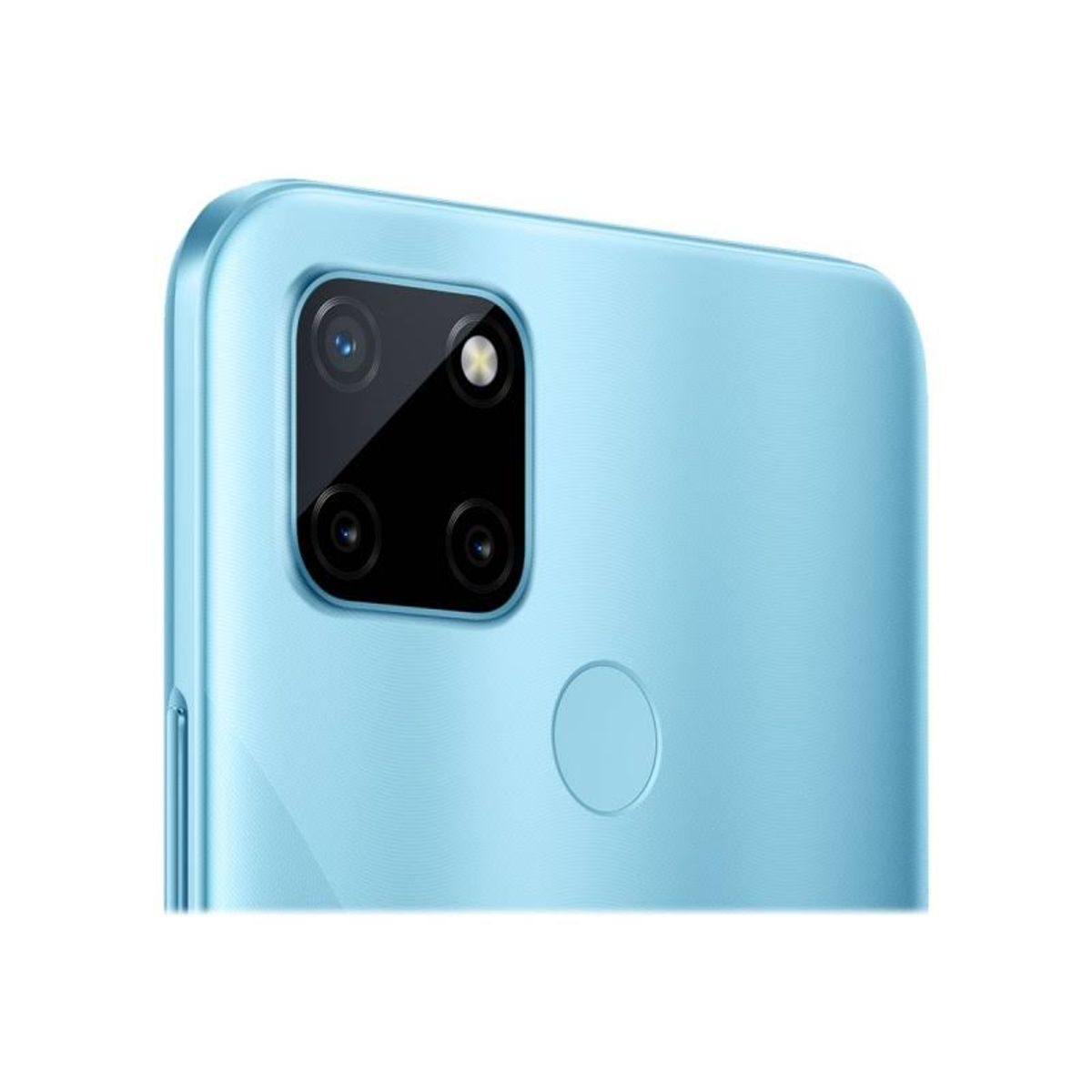 Nahaufnahme eines hellblauen Telefons mit einem Multi-Kamera-System auf weißem Hintergrund.