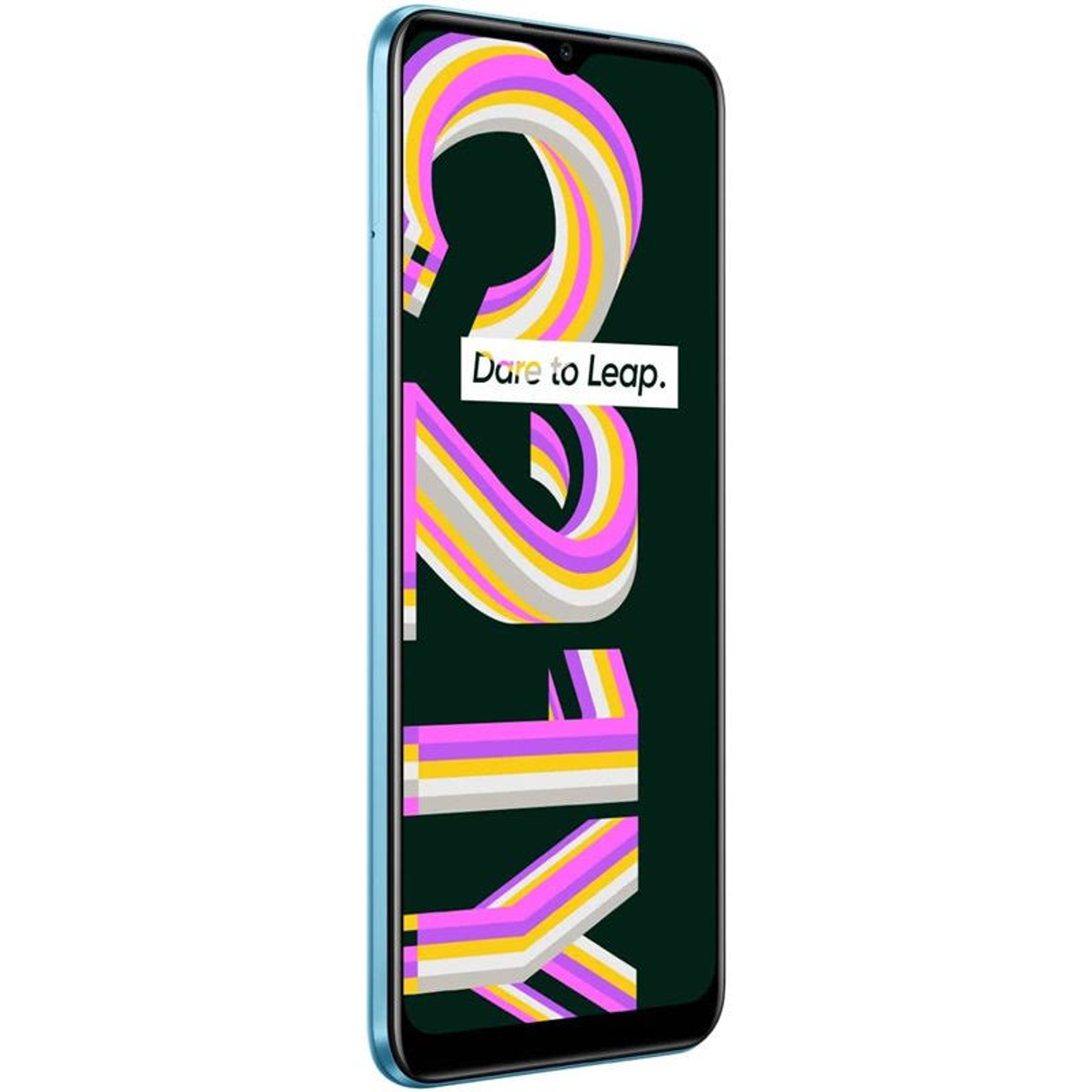 Blaues Telefon mit farbenfrohem Design auf dem Bildschirm. Text: "Dare to Leap".