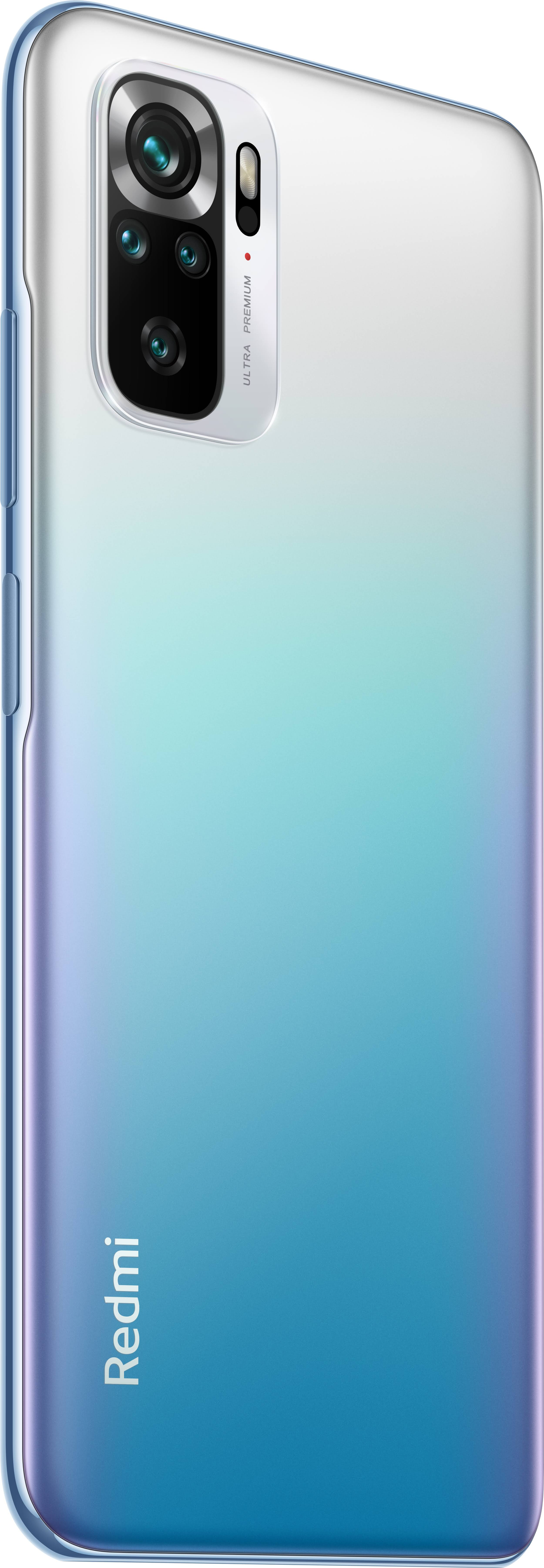 Niebiesko-biały gradientowy telefon. Widok z tyłu telefonu z podwójnym aparatem i logo Redmi.