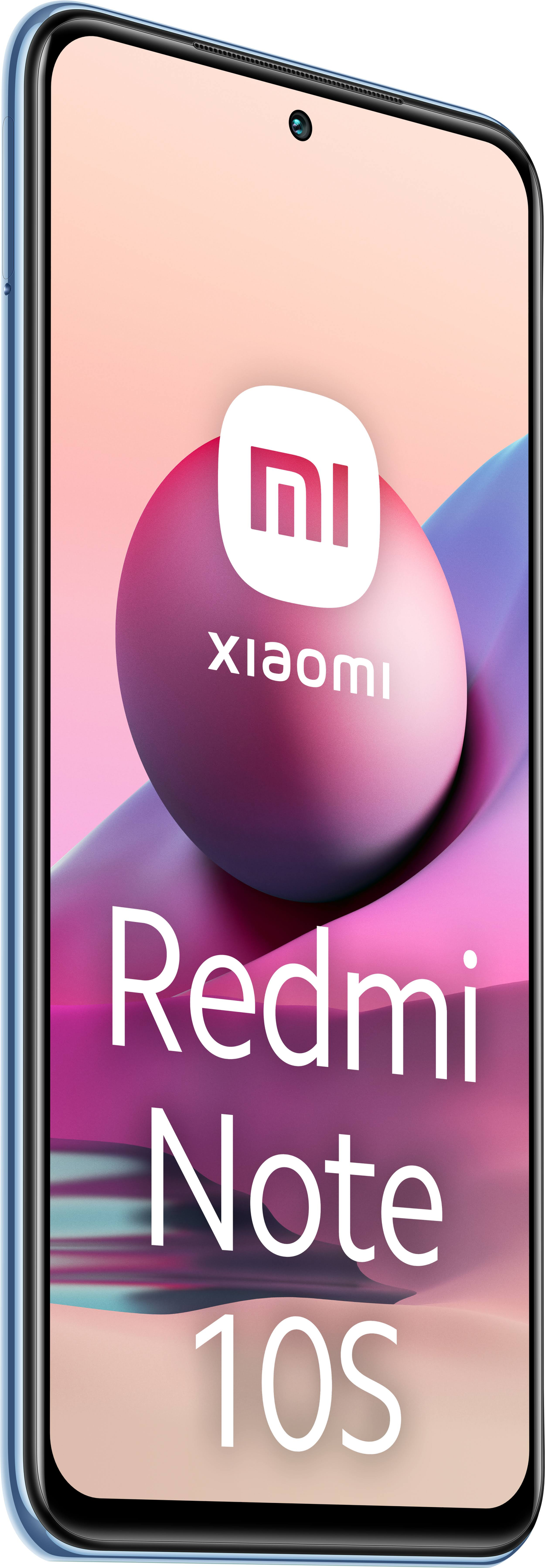 Smartfon Xiaomi Redmi Note 10S. Telefon jest niebieski i ma logo Xiaomi.