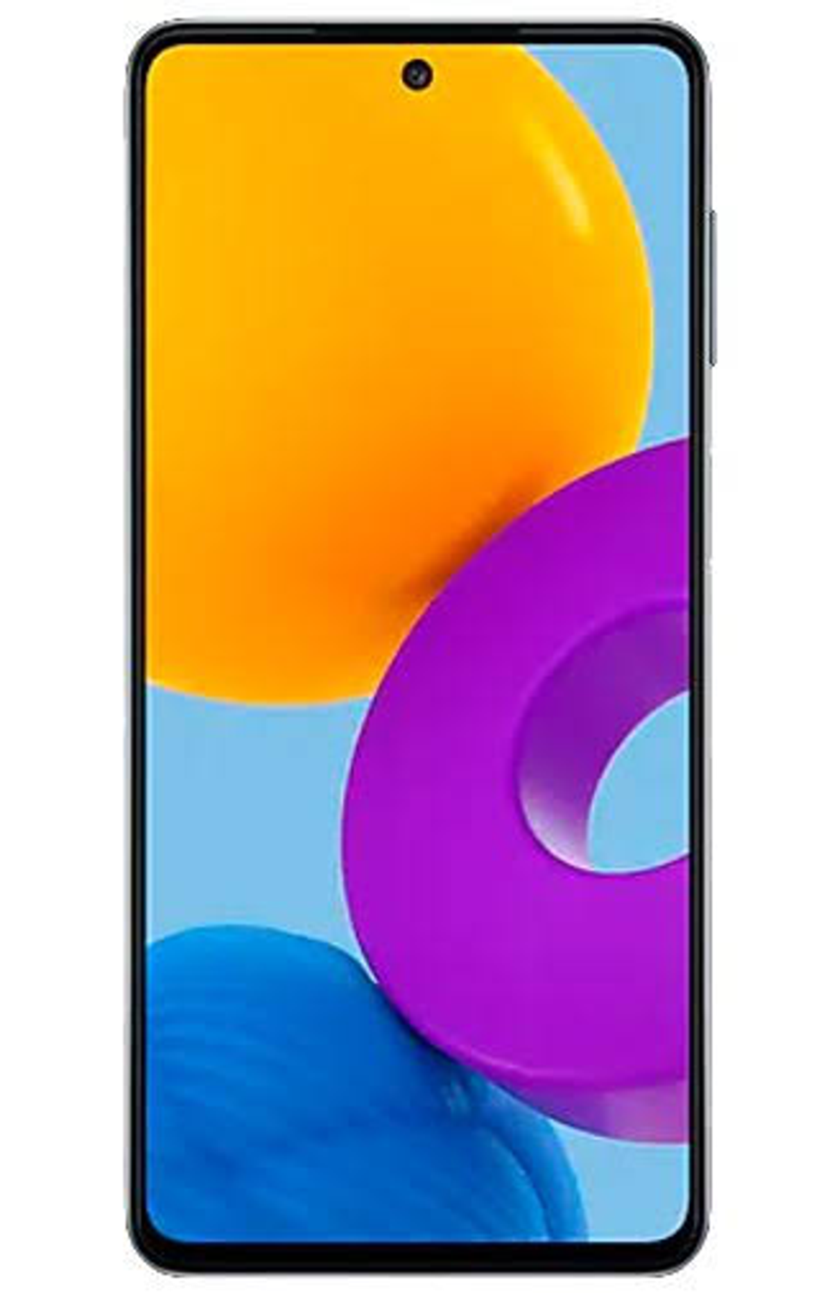 Uno smartphone nero mostra forme arancioni e viola su sfondo blu.