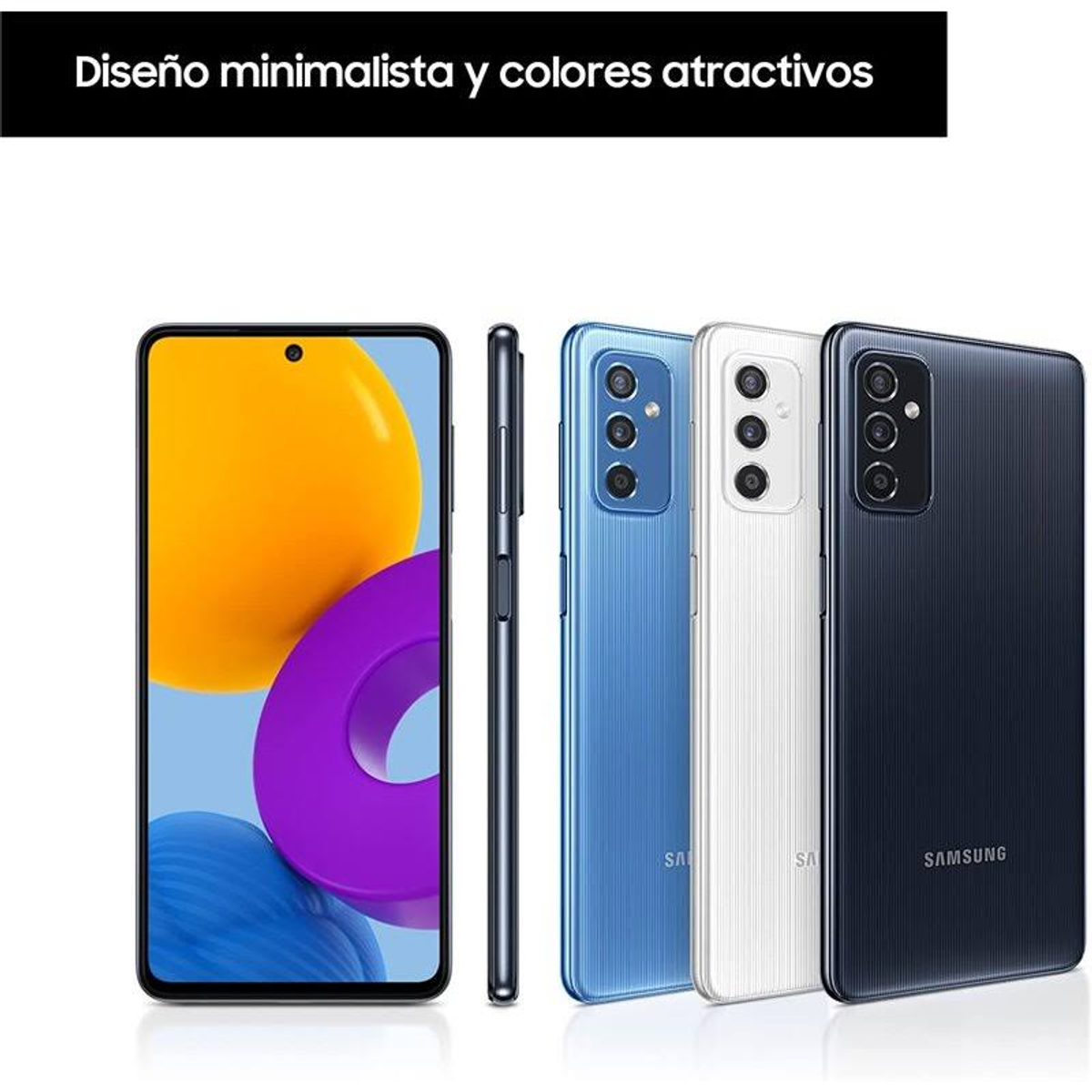 Più telefoni Samsung, blu, bianco e nero. Il testo "Diseño minimalista y colores atractivos" è in alto.