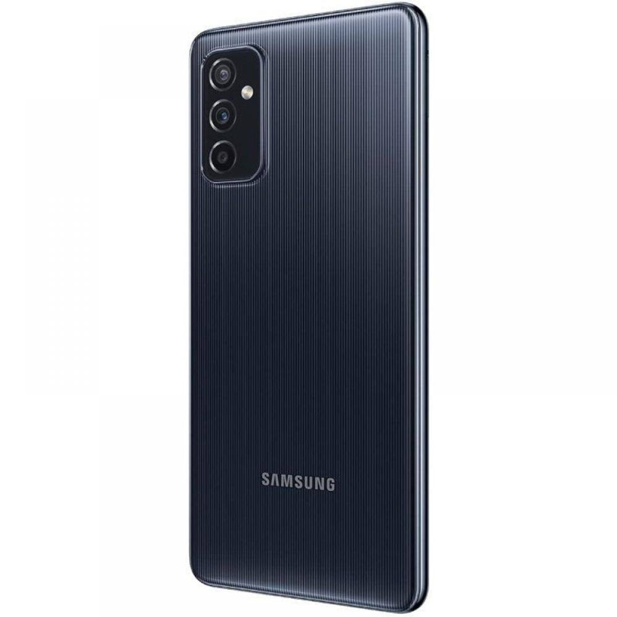 Un telefono nero con una fotocamera e tre lenti. Il retro ha linee verticali. Il telefono è in prospettiva.