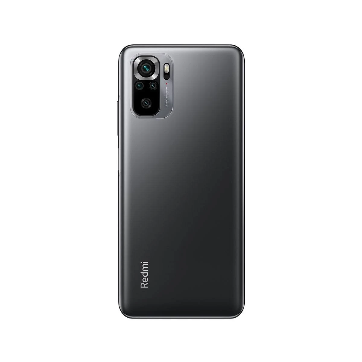 Czarny telefon Redmi, widok z tyłu. Wiele aparatów i logo Redmi widoczne. Białe tło.