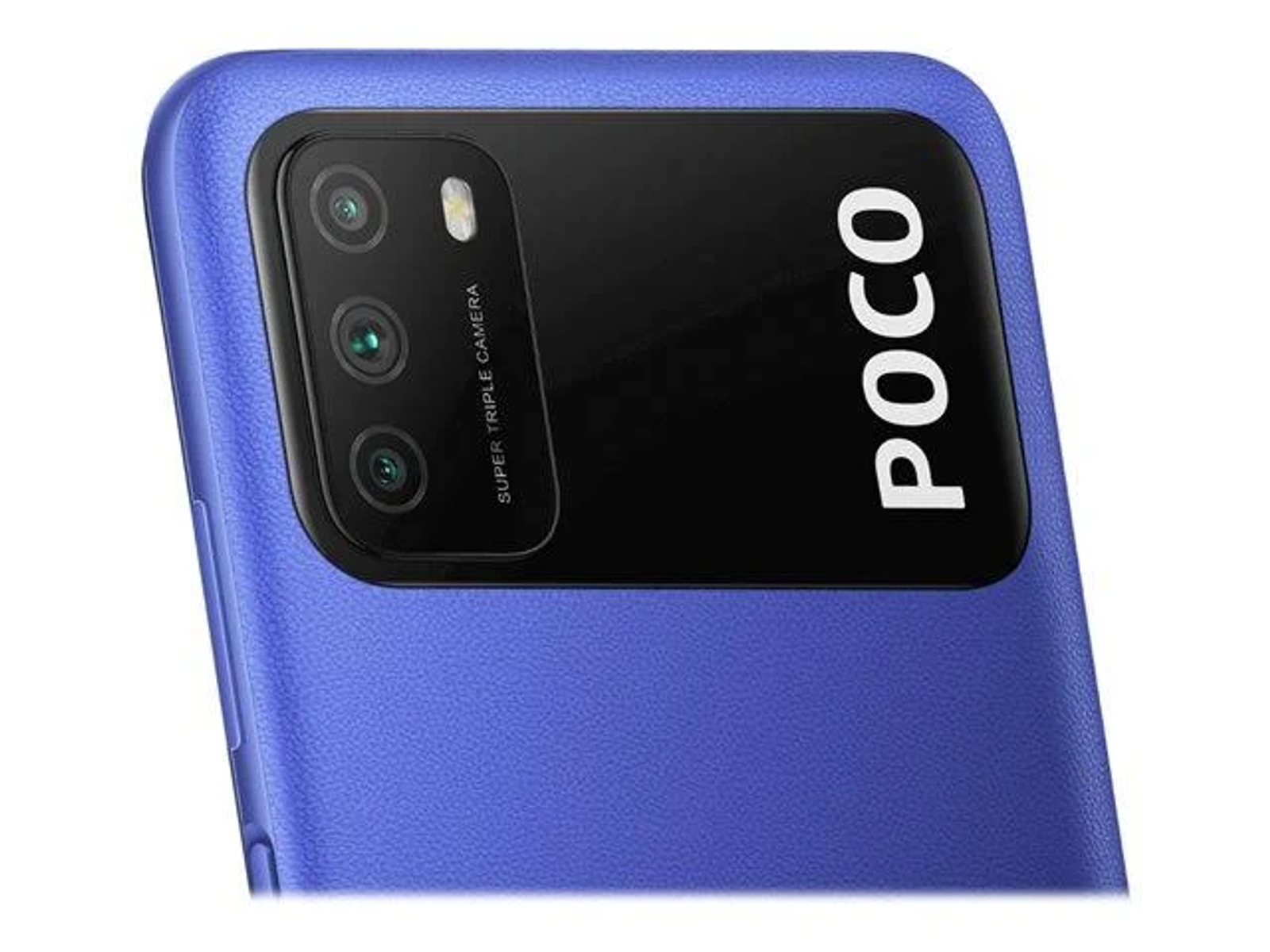 Die Kamera eines blauen Poco-Telefons. Es hat drei Objektive und ein POCO-Logo.