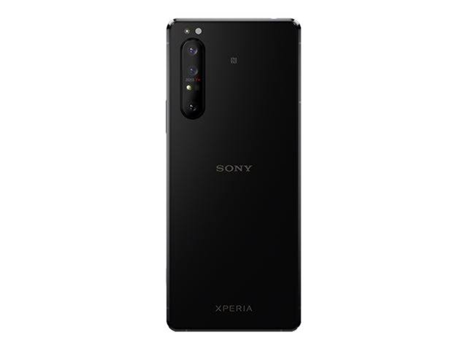 Schwarzes Telefon mit Kameramodul und Sony Xperia Logo auf weißem Grund.