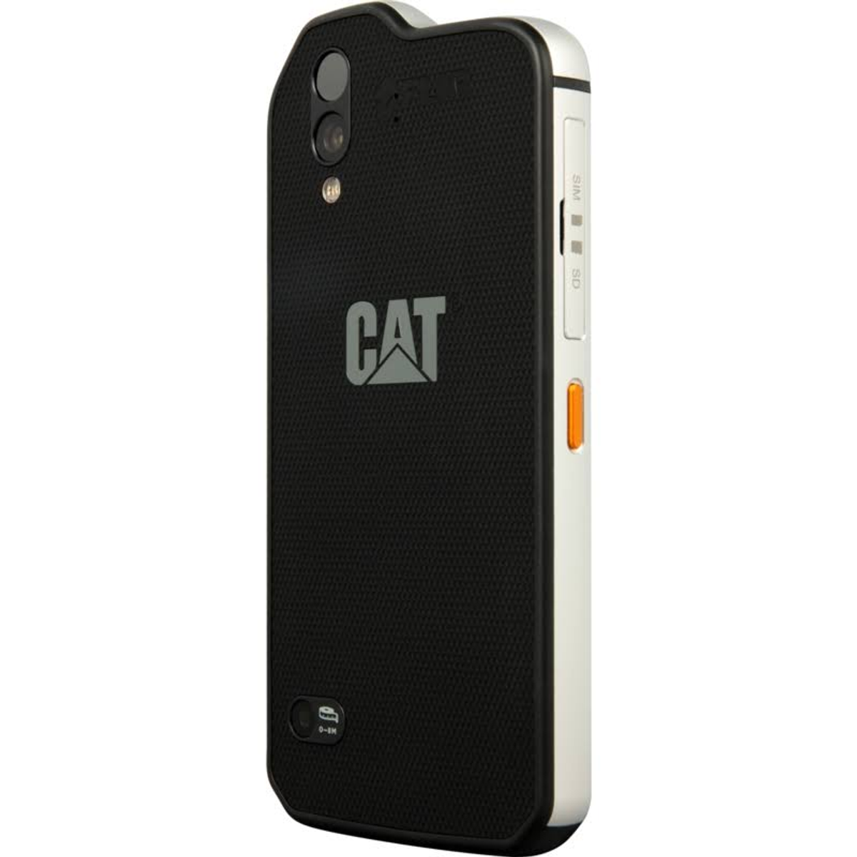 Czarny, wytrzymały telefon CAT z aparatem i logo na plecach, białe tło.