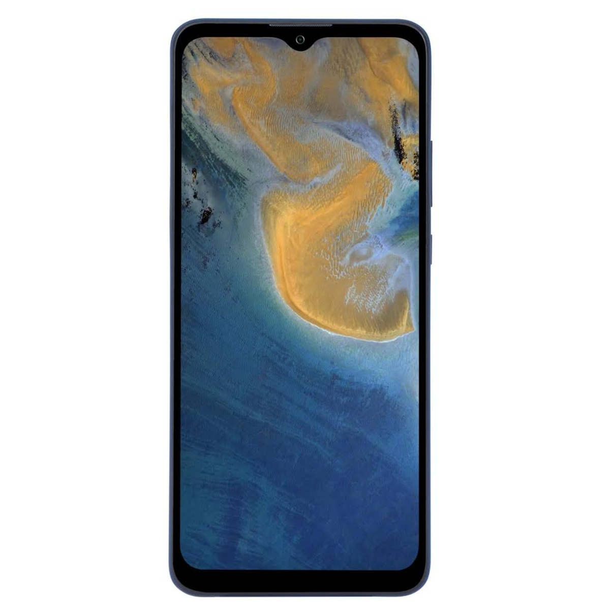 Ein blauer Smartphone-Bildschirm, der eine Landschaft mit blauem Wasser und goldenem Sand zeigt.