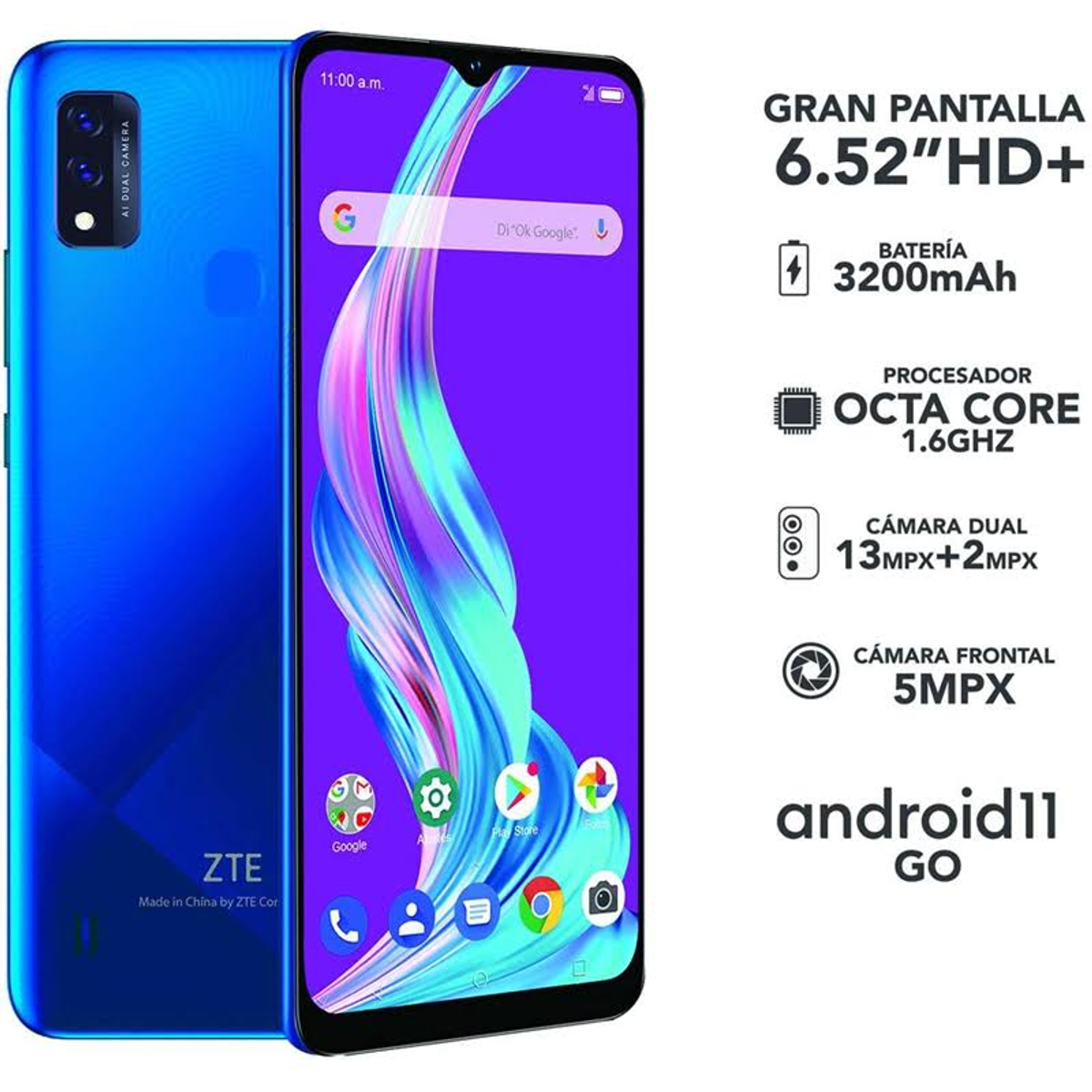 Blaues Telefon mit Dual-Kamera, Text: 6,52" HD+, 3200mAh Akku, Octa Core.