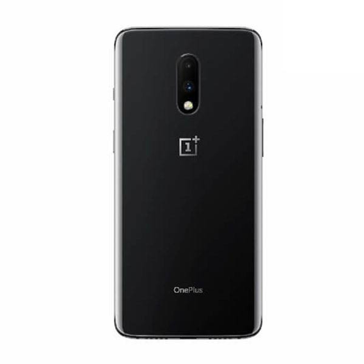 Parte trasera de un teléfono OnePlus negro, con módulo de cámara y logo, sobre fondo blanco.