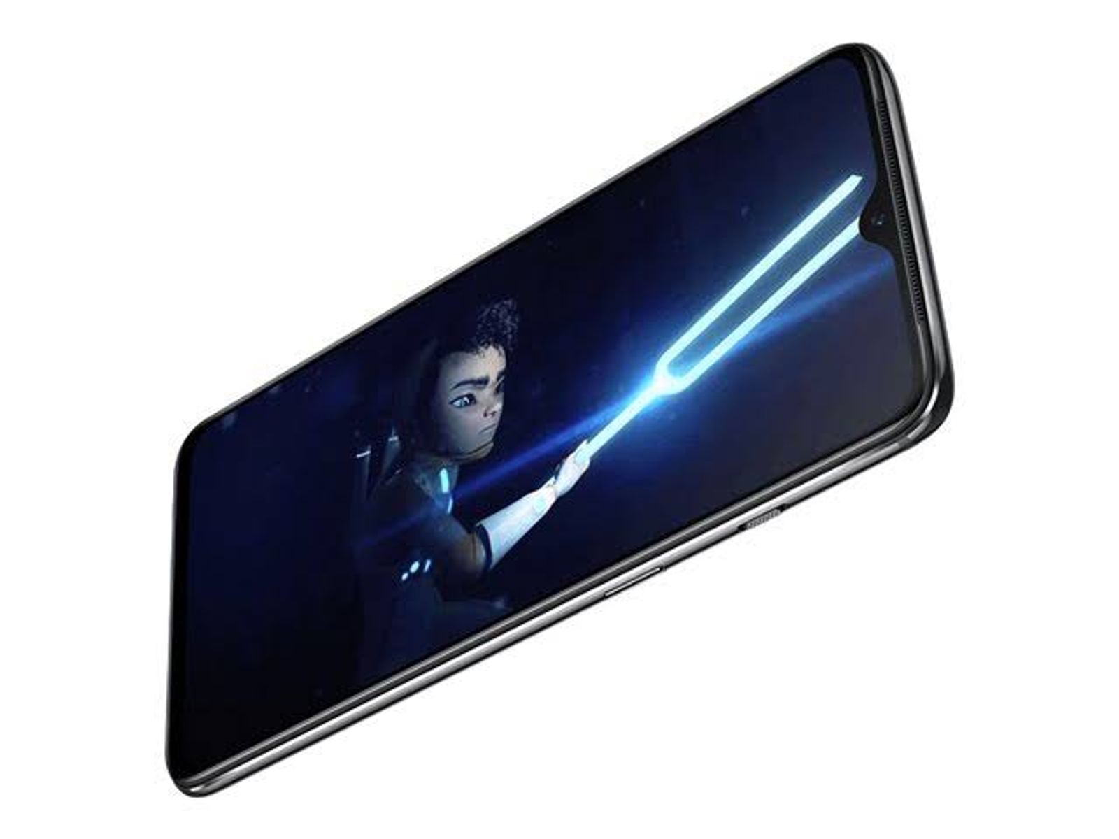 Un smartphone muestra una escena con un personaje de dibujos animados sosteniendo una espada de luz azul.