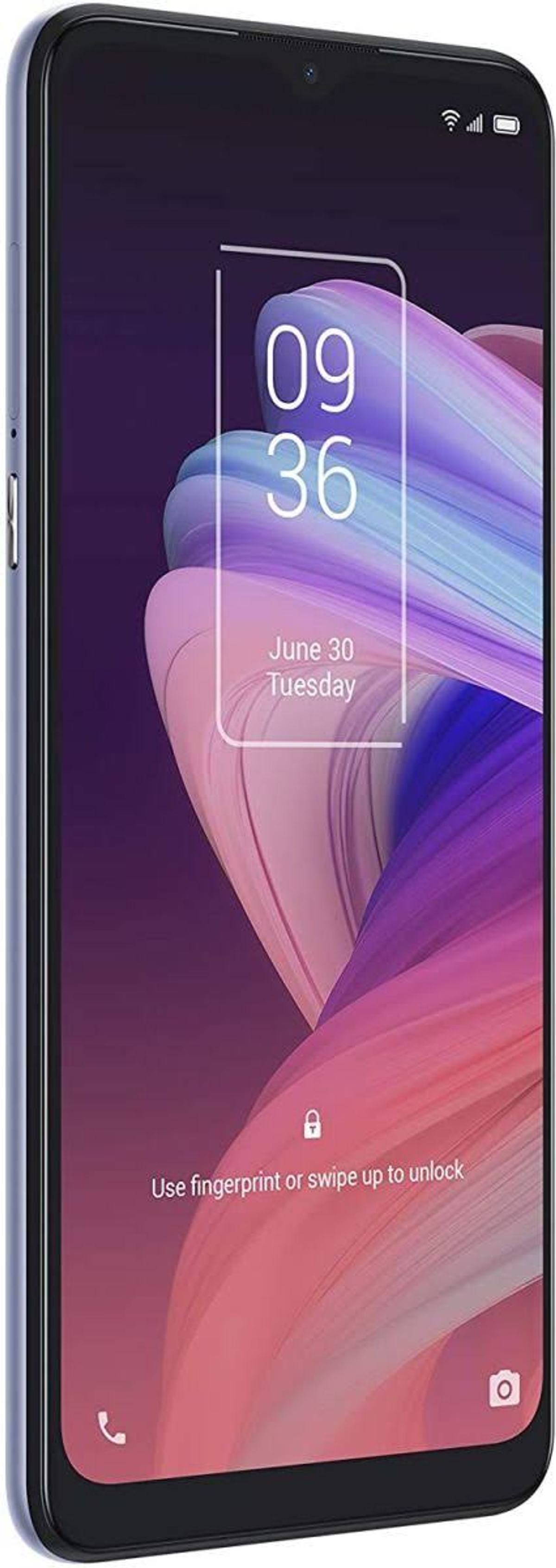 Smartphone blu con schermo che mostra data e ora. Sfondo astratto viola e bianco.