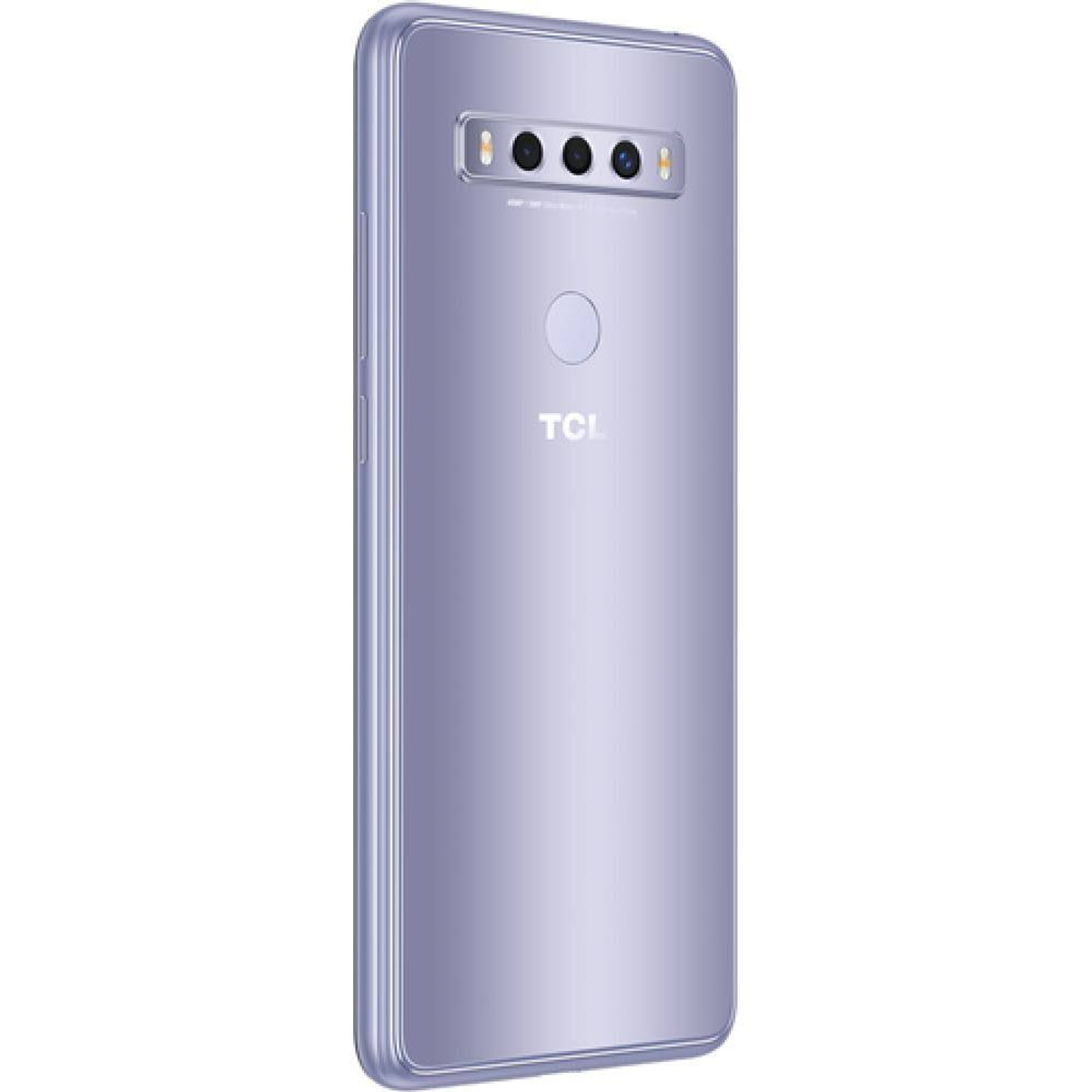 Smartphone TCL viola, vista posteriore, con tripla fotocamera e logo TCL.