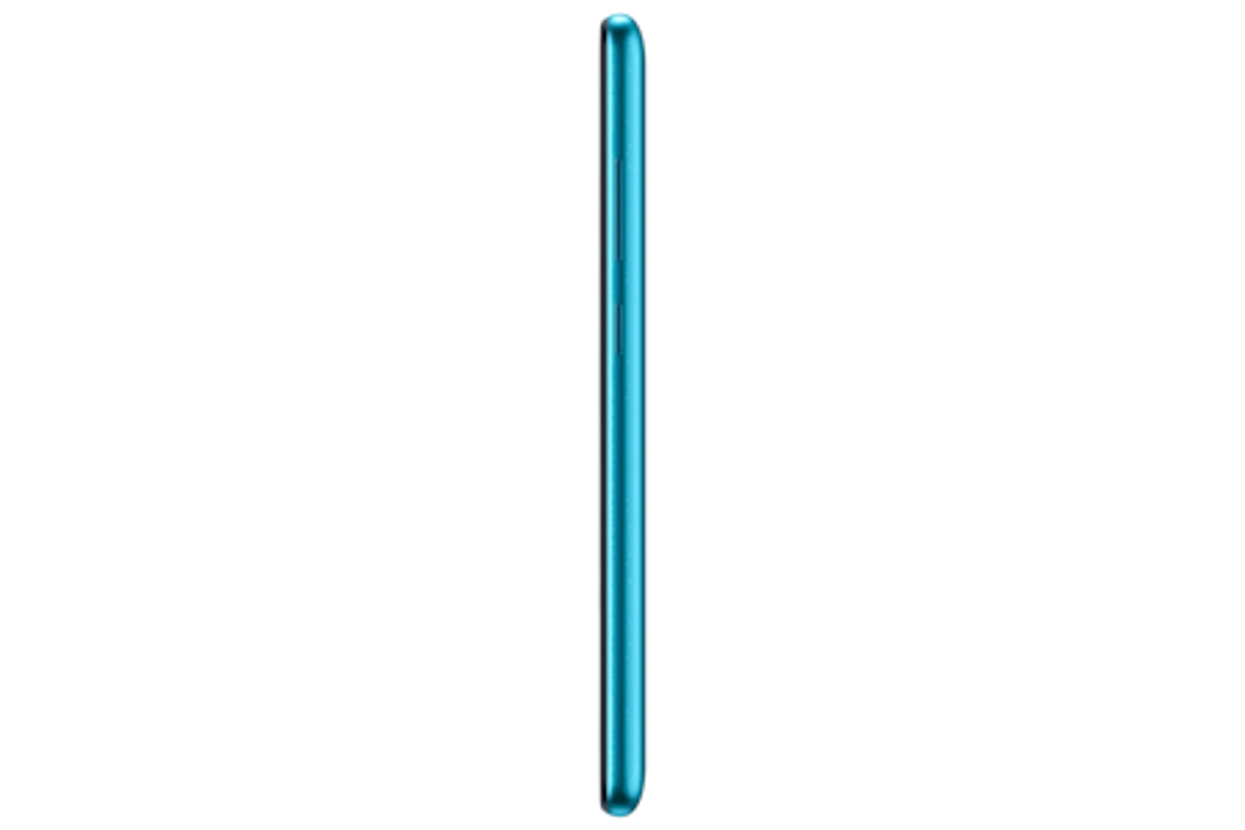 Seitenansicht eines blauen Telefons, schwarzer Hintergrund.