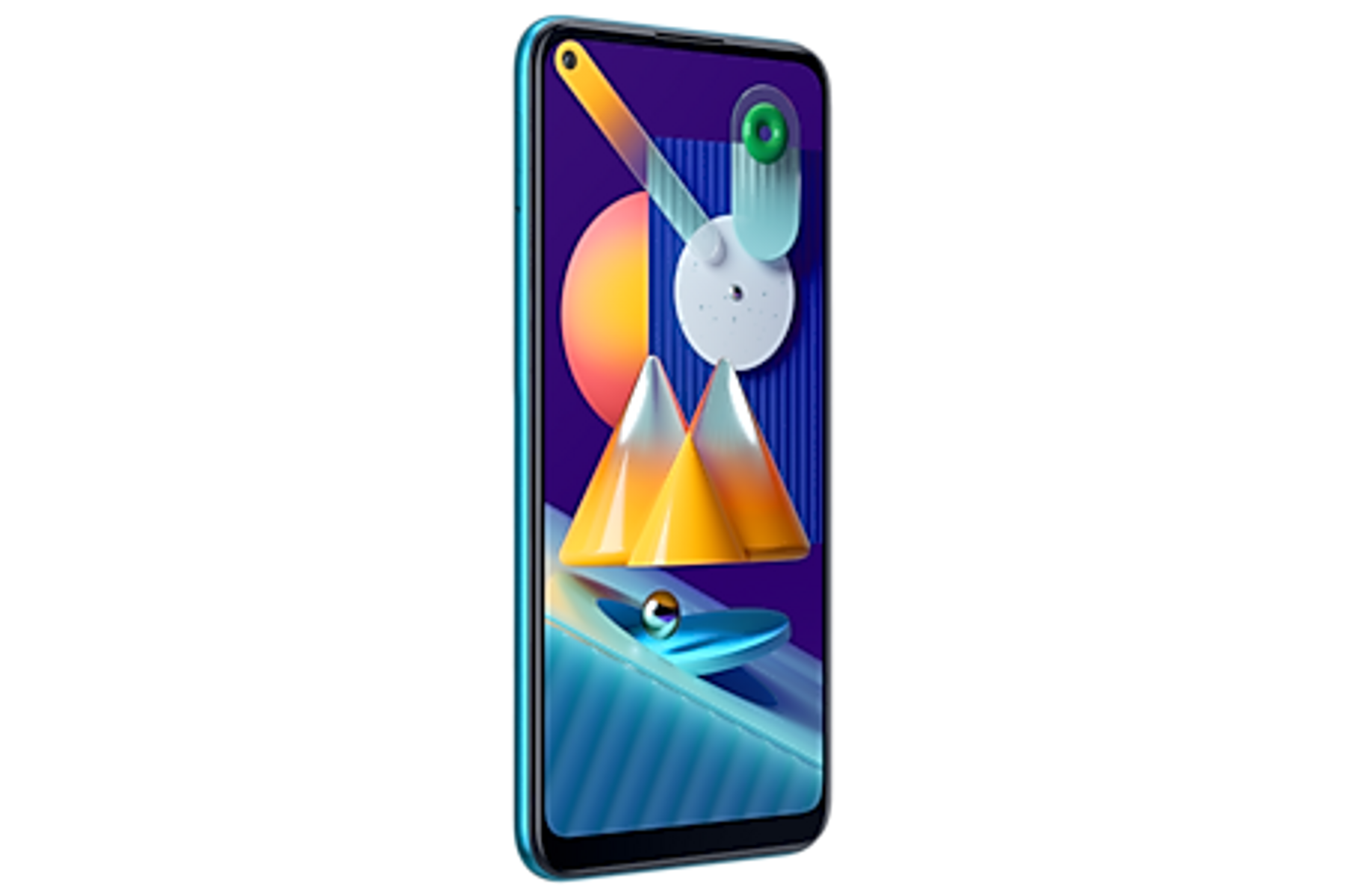 Türkisfarbenes Telefon mit lebendiger abstrakter Anzeige. Gold- und blaue Akzente.