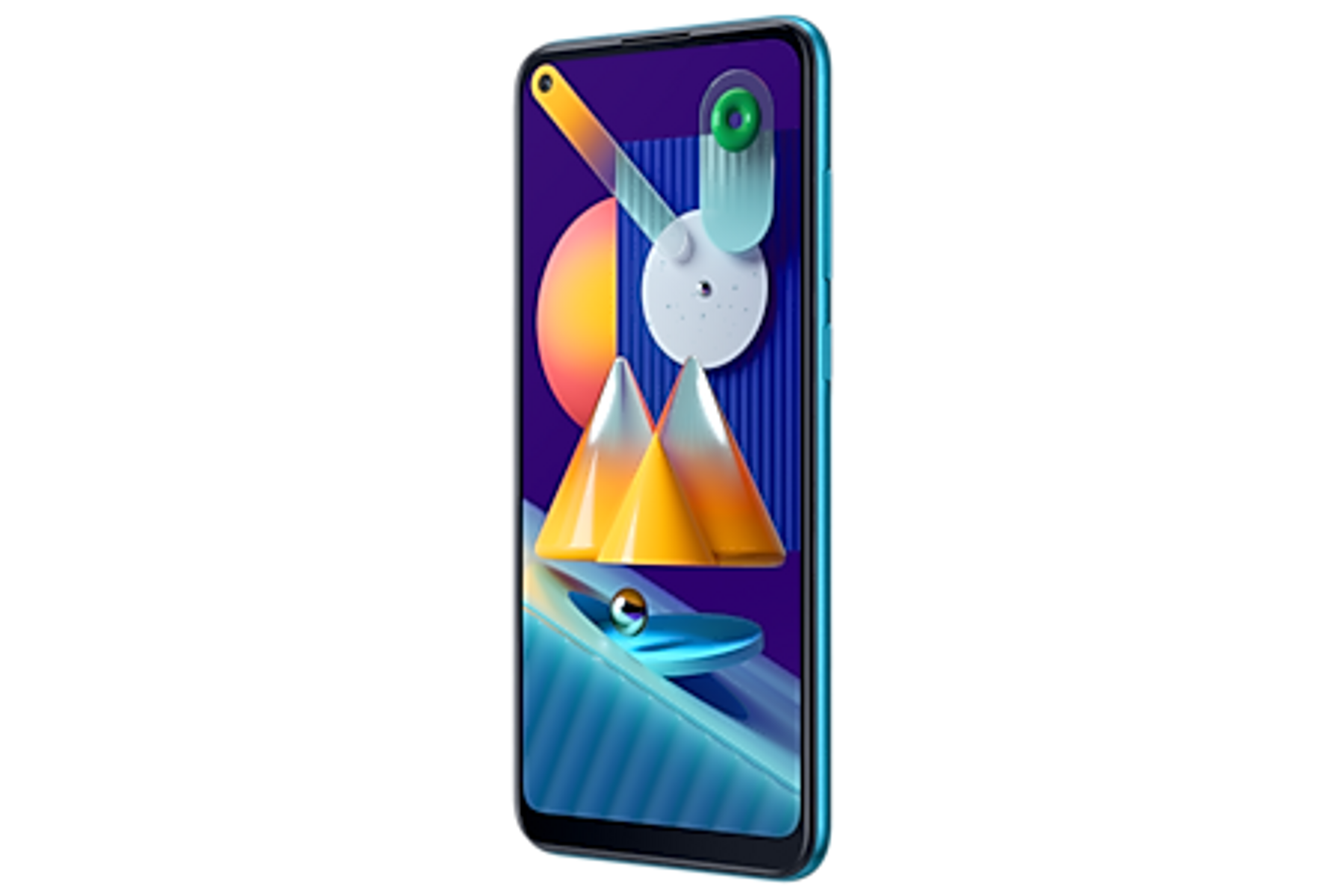Smartphone-Bildschirm mit farbenfrohem, abstraktem Hintergrund. Es hat ein blaues Gehäuse und eine Punch-Hole-Kamera.
