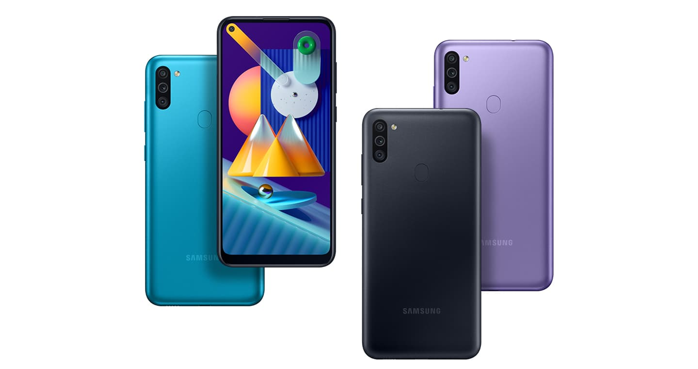 Vier Smartphones: zwei türkis, eines schwarz und eines lila. Alle sind rückseitig und zeigen Kameras und das Samsung-Logo.