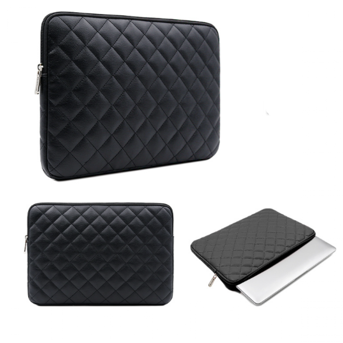 Czarny pikowany pokrowiec na laptopa. Trzy widoki: przód, bok i z częściowo włożonym laptopem.