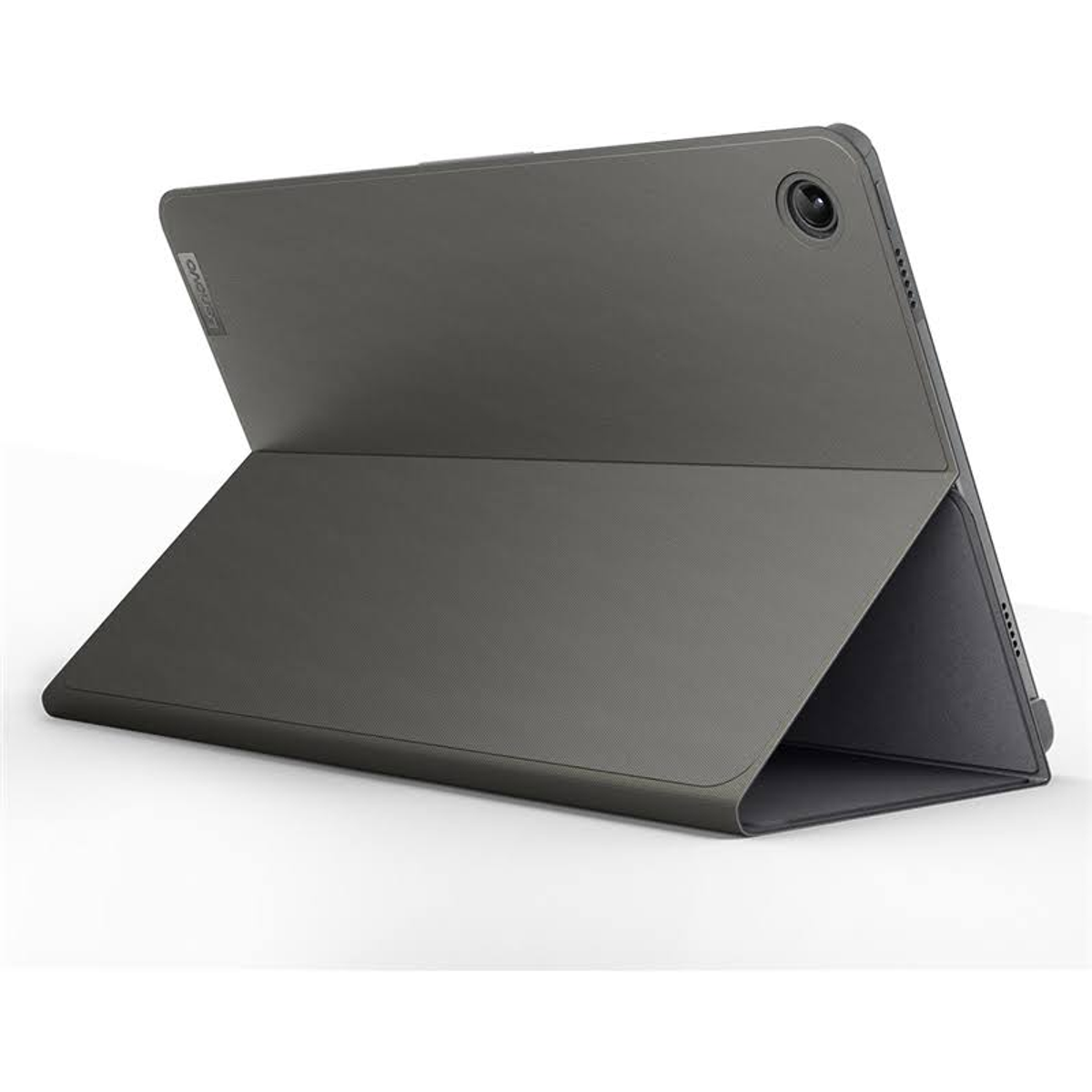 Szary tablet w szarym etui, otwarty i pod kątem, z widoczną kamerą.