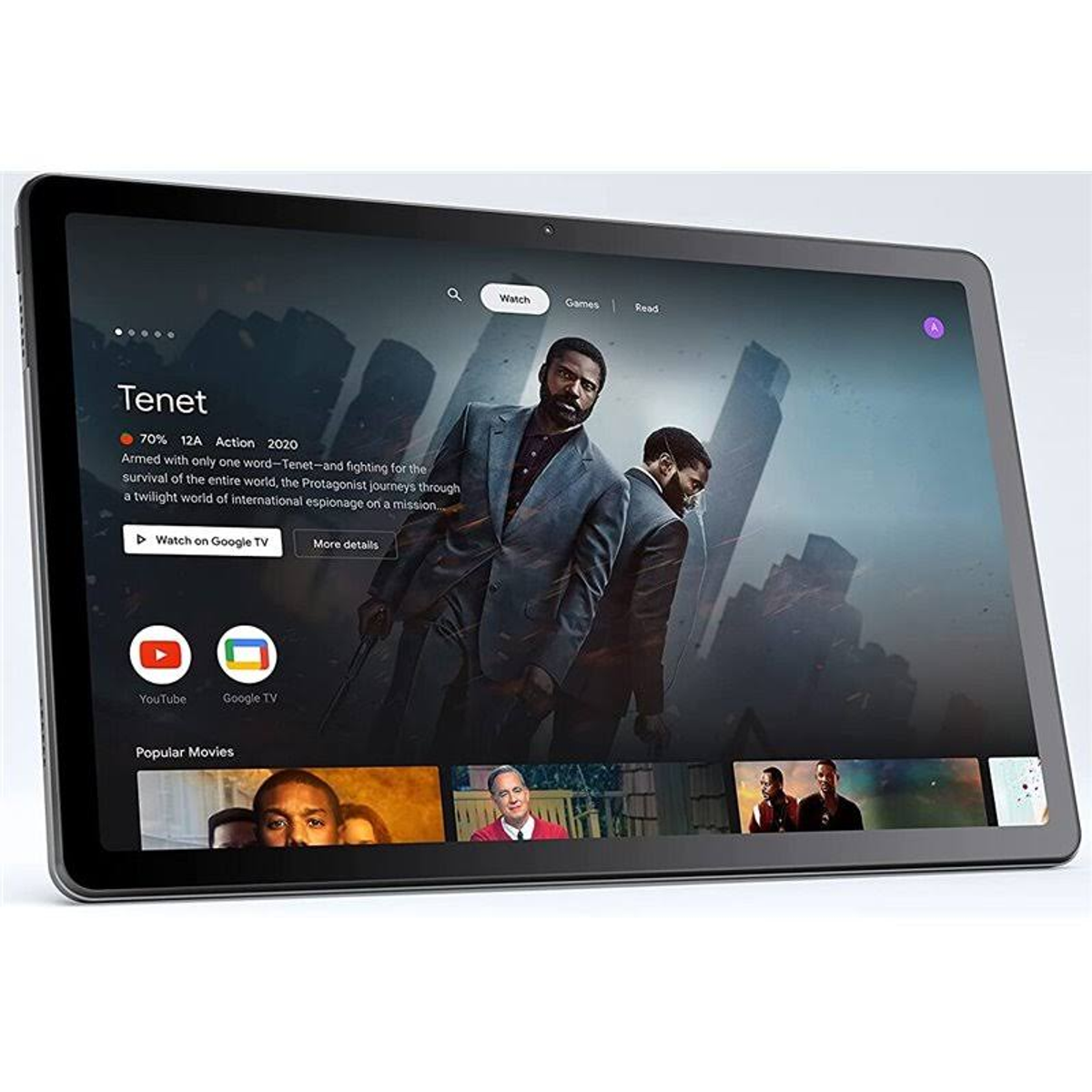 Tablet pokazujący aplikację do strumieniowania filmów ze szczegółami filmu akcji.