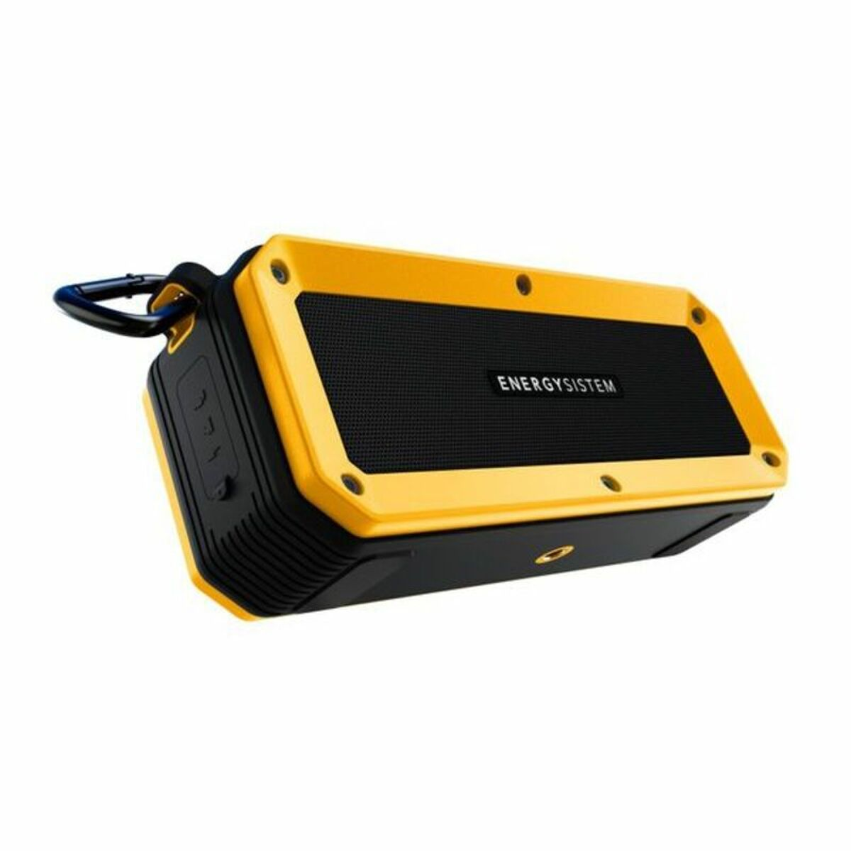 Altavoz amarillo y negro con asa. El altavoz tiene una malla negra y texto Energy Sistem.