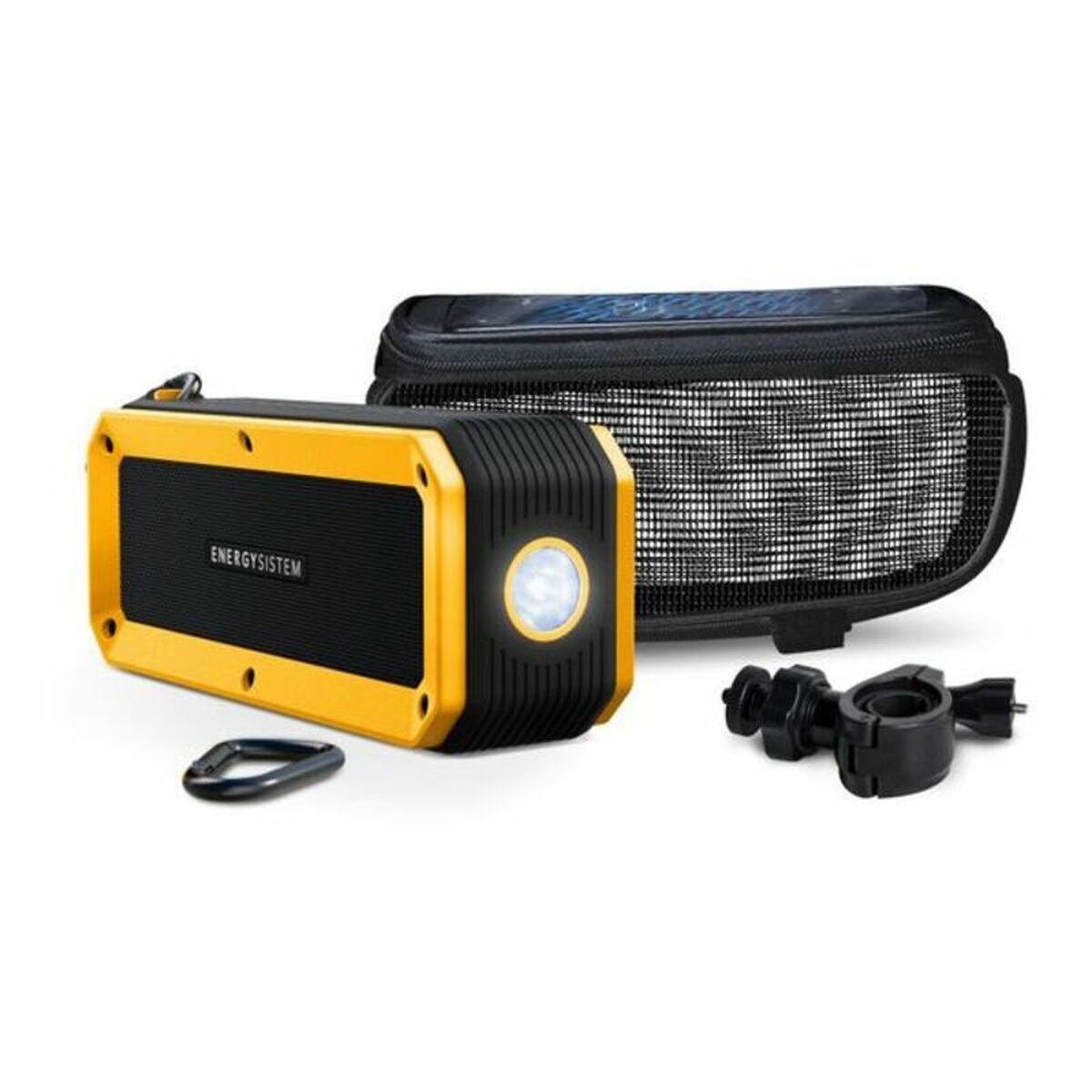 Altavoz portátil amarillo y negro con accesorios. Mosquetón y soporte negro.